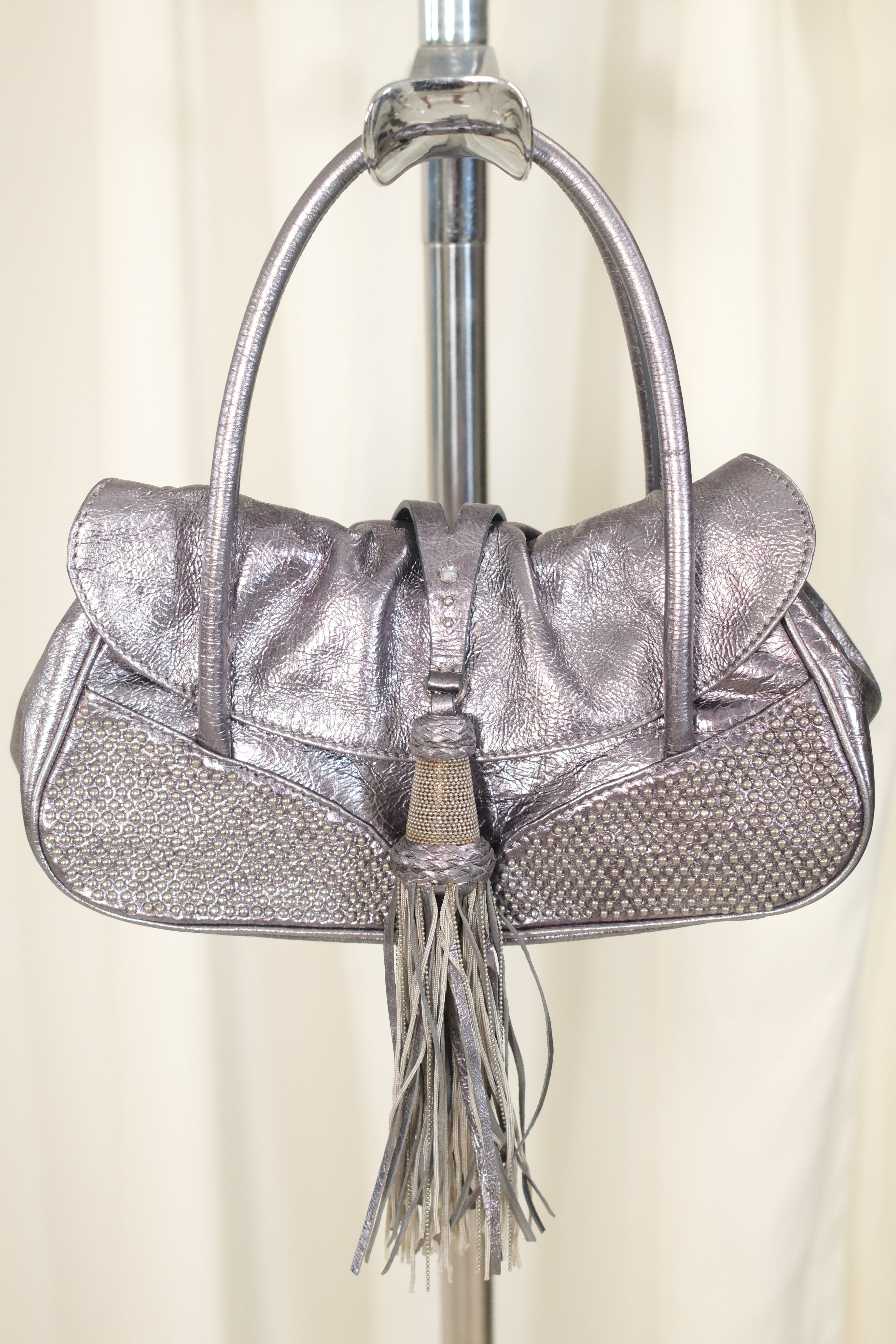 Francesco Biasia Mini Silver Bag with Fringe and Studs