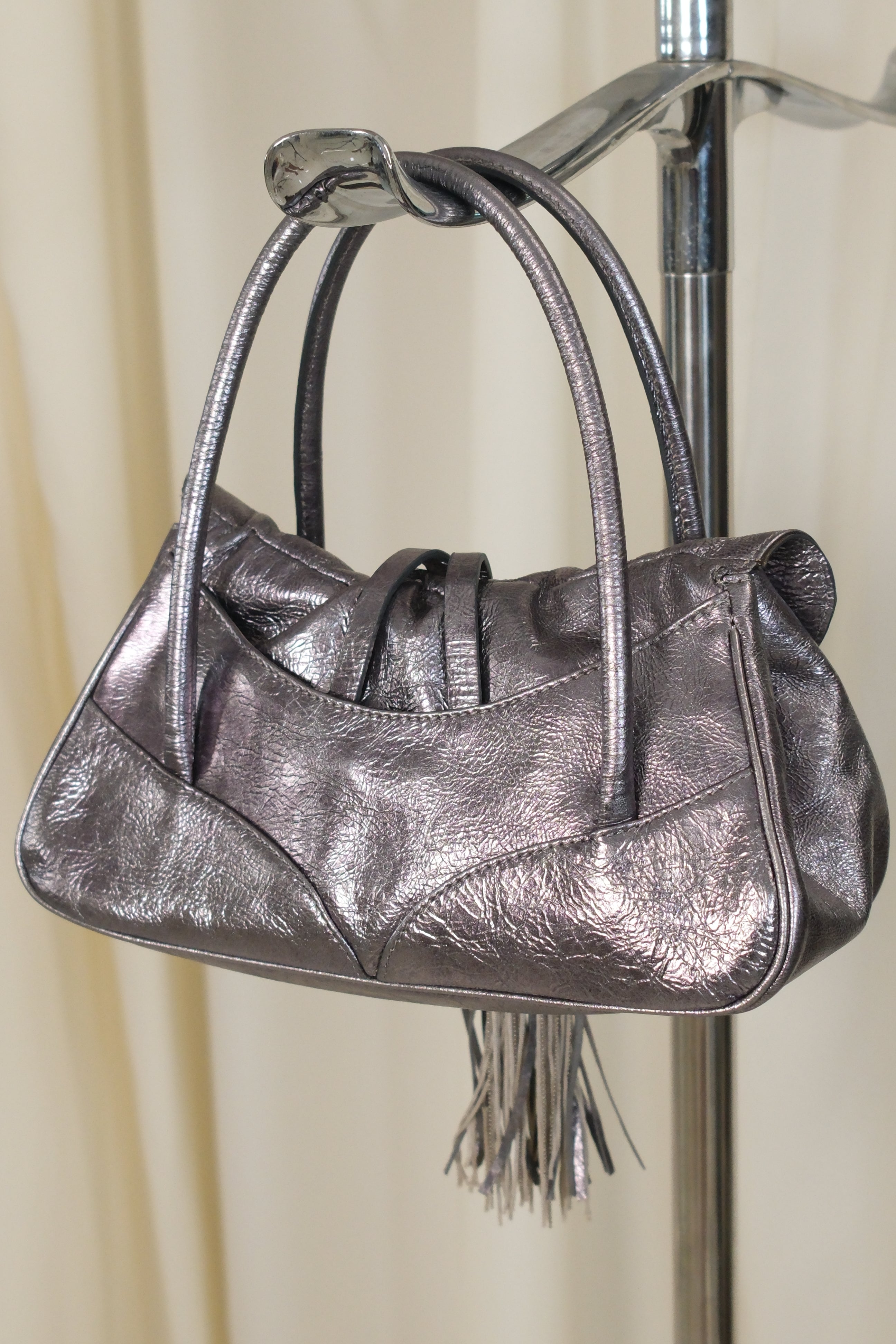 Francesco Biasia Mini Silver Bag with Fringe and Studs
