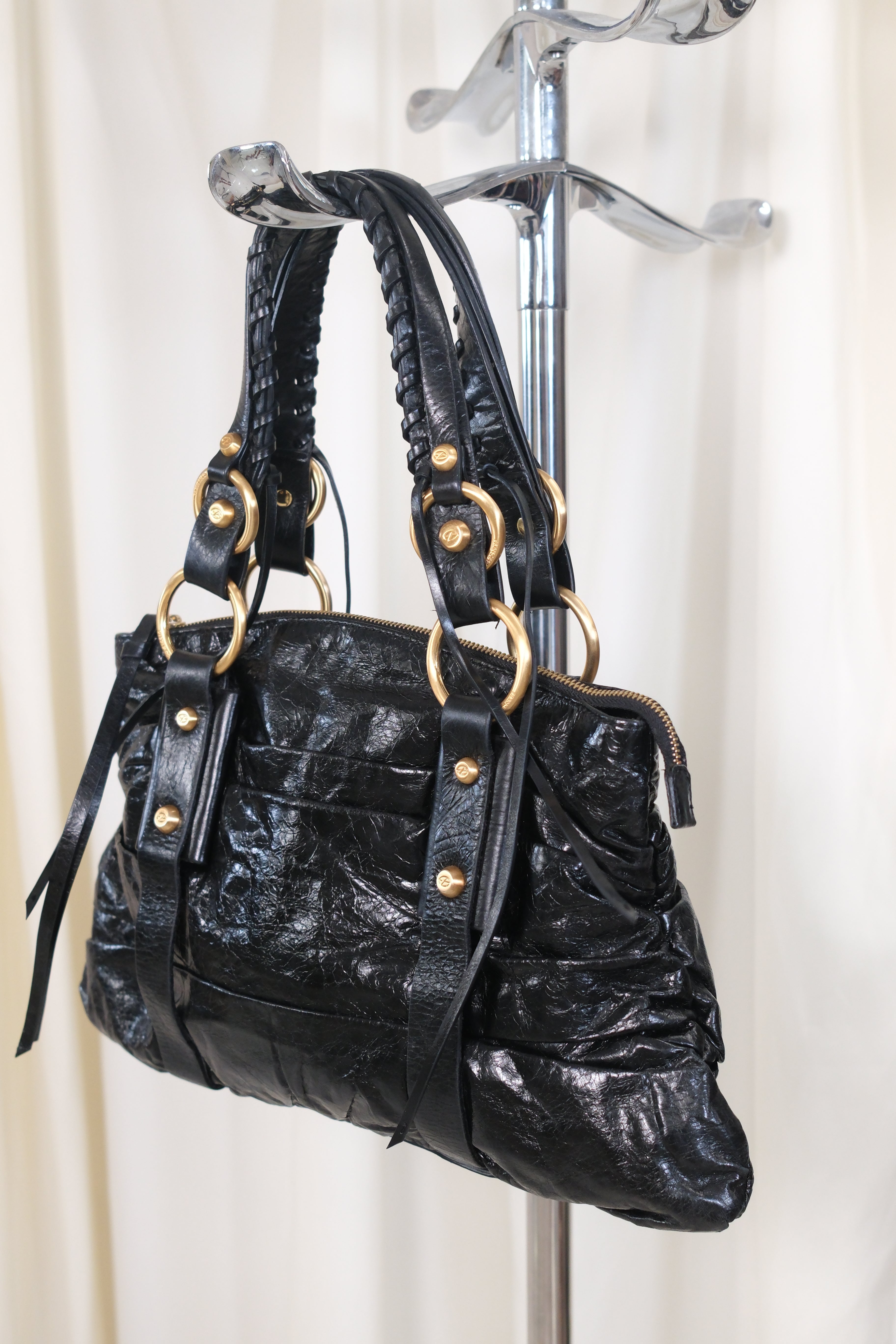 Francesco Biasia Black Soft Leather Bag With Gold and Leather Details