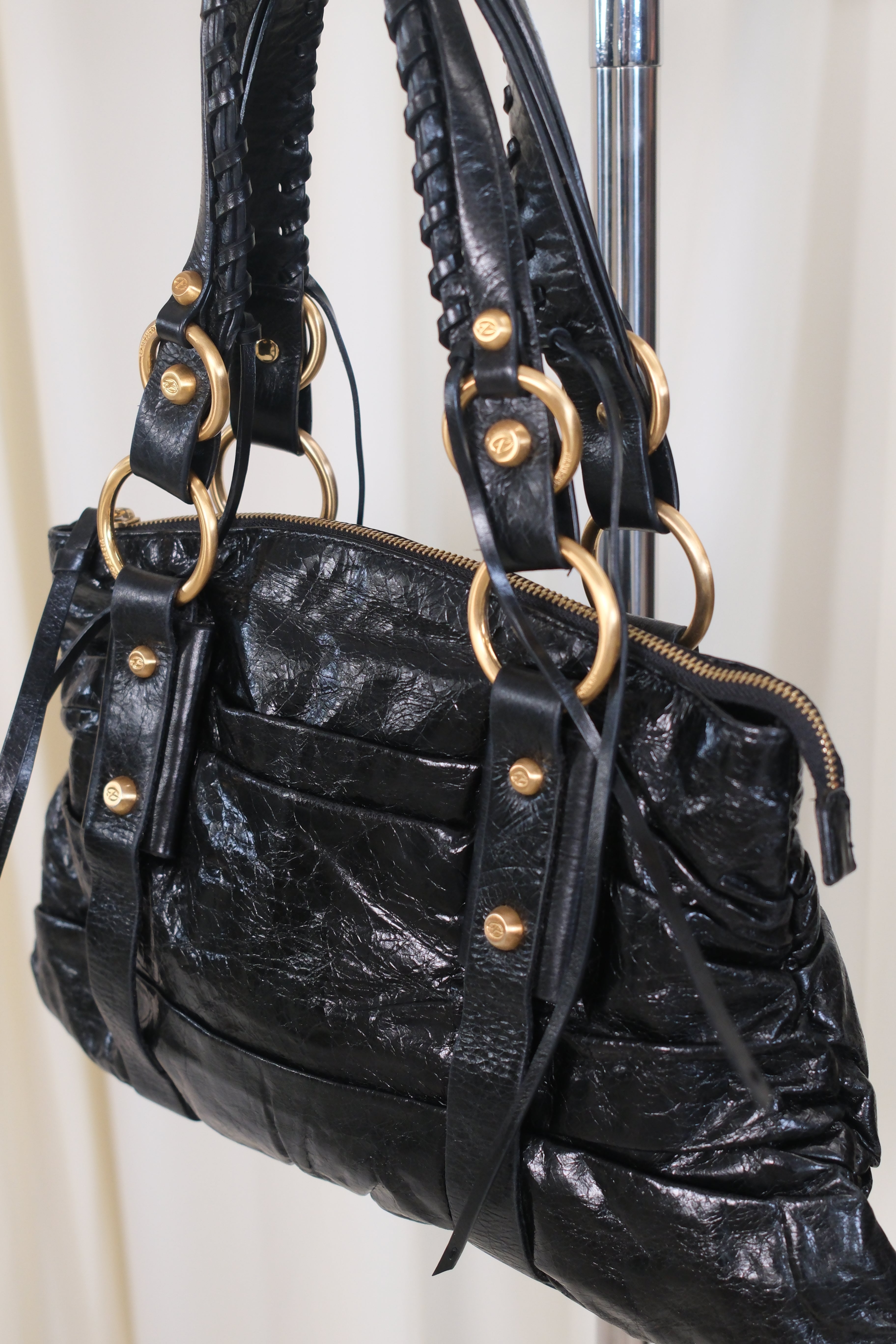 Francesco Biasia Black Soft Leather Bag With Gold and Leather Details