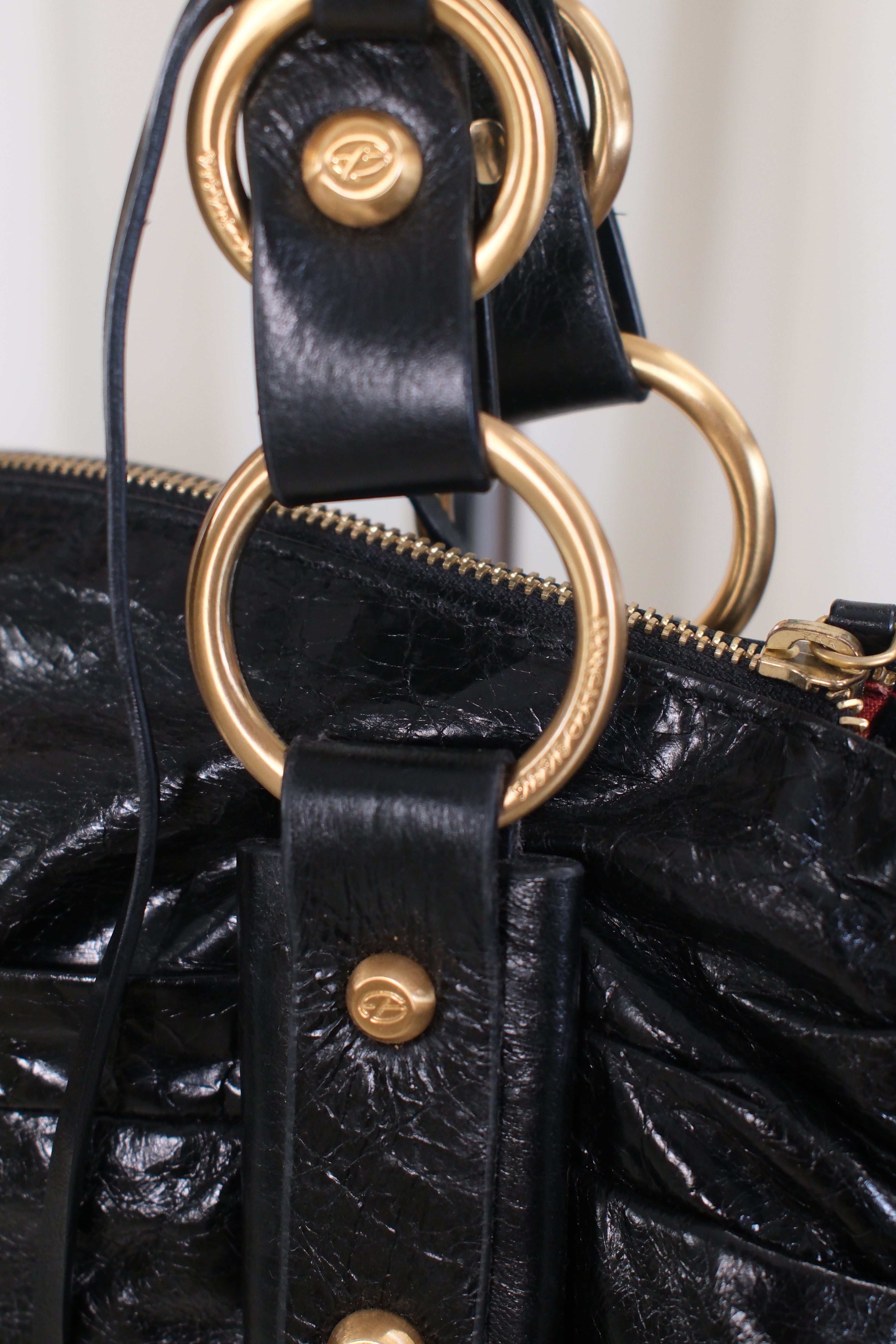 Francesco Biasia Black Soft Leather Bag With Gold and Leather Details