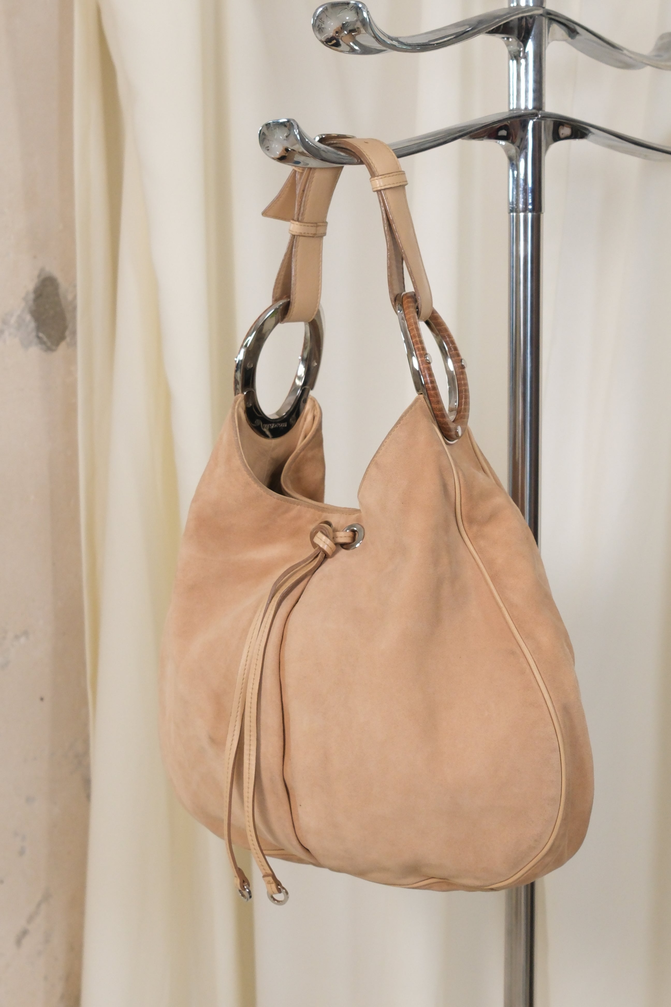 Sergio Rossi Suede Bag with Metal and Wooden Hoops