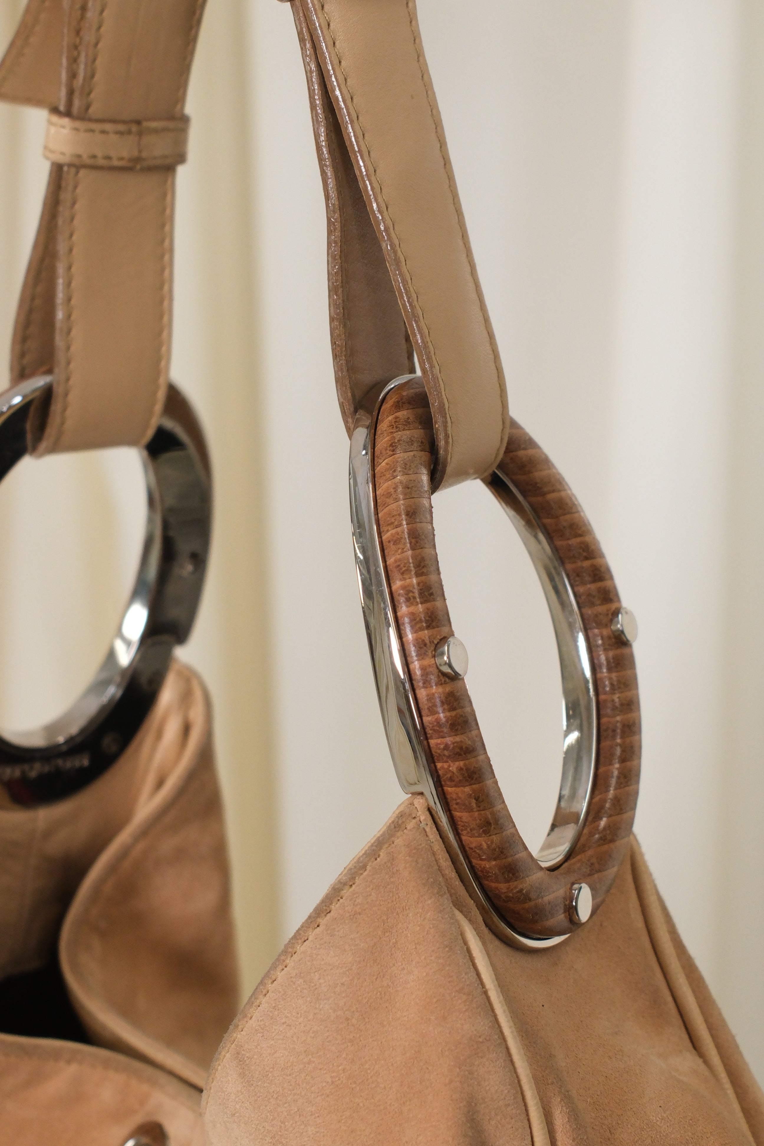 Sergio Rossi Suede Bag with Metal and Wooden Hoops