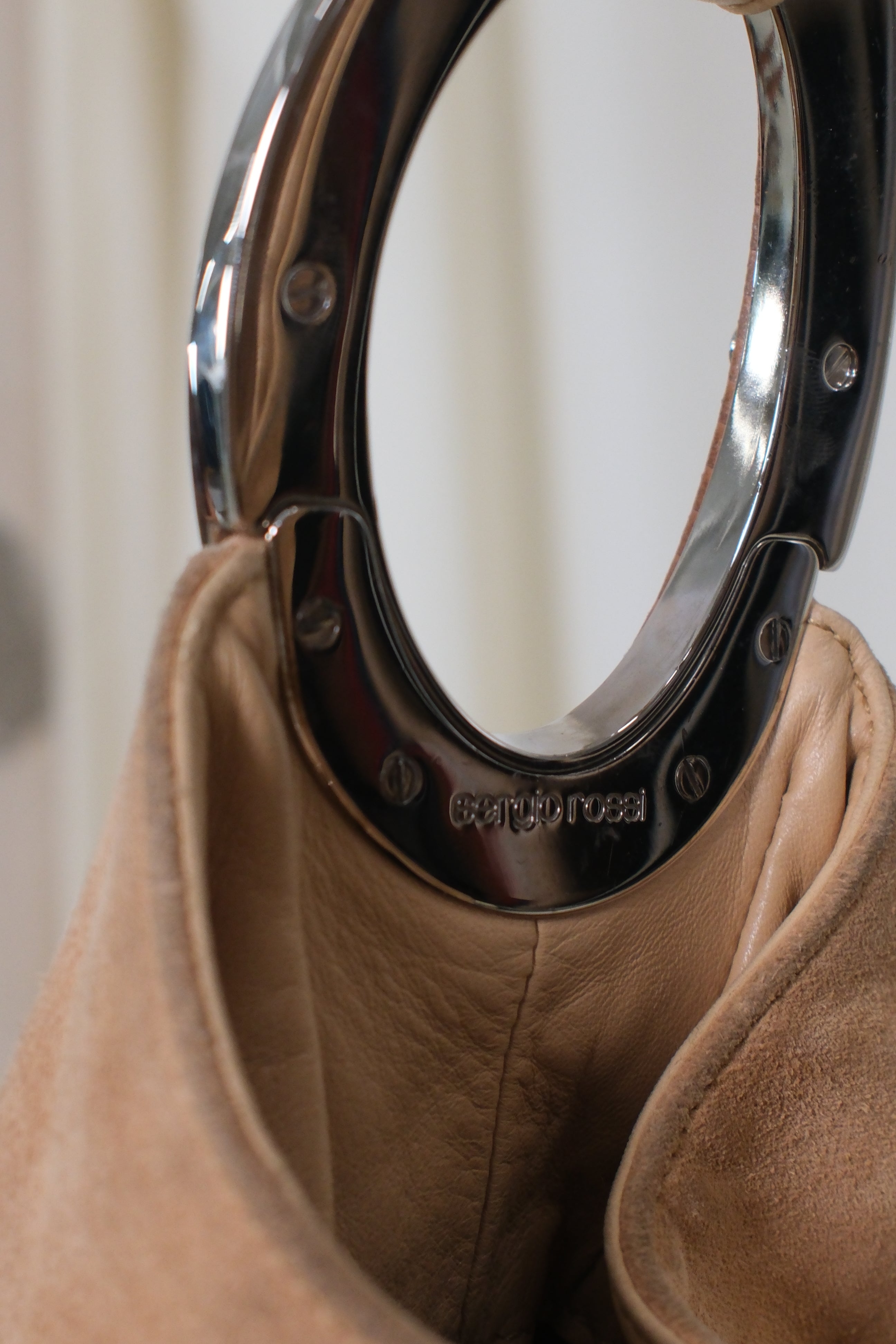 Sergio Rossi Suede Bag with Metal and Wooden Hoops