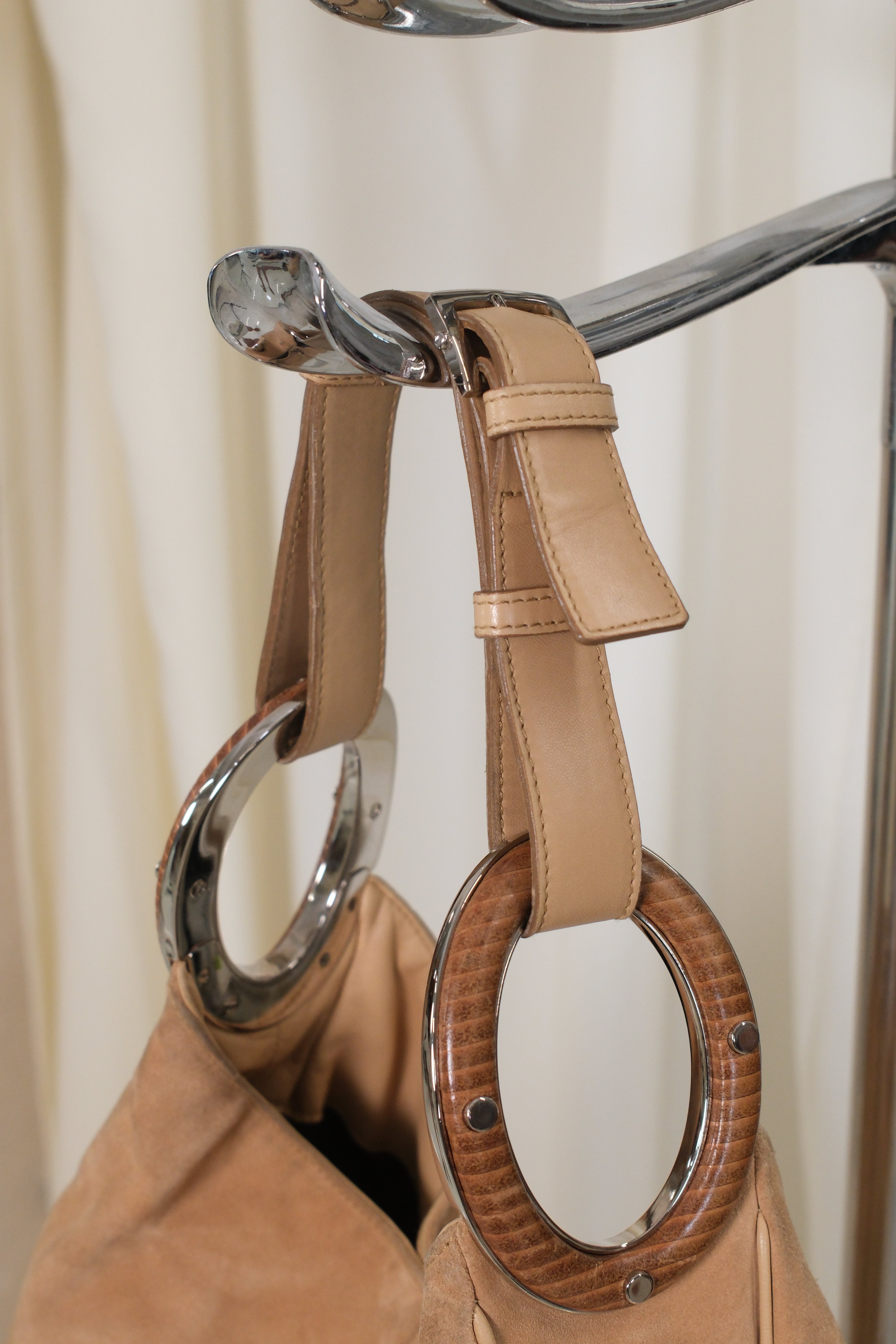 Sergio Rossi Suede Bag with Metal and Wooden Hoops