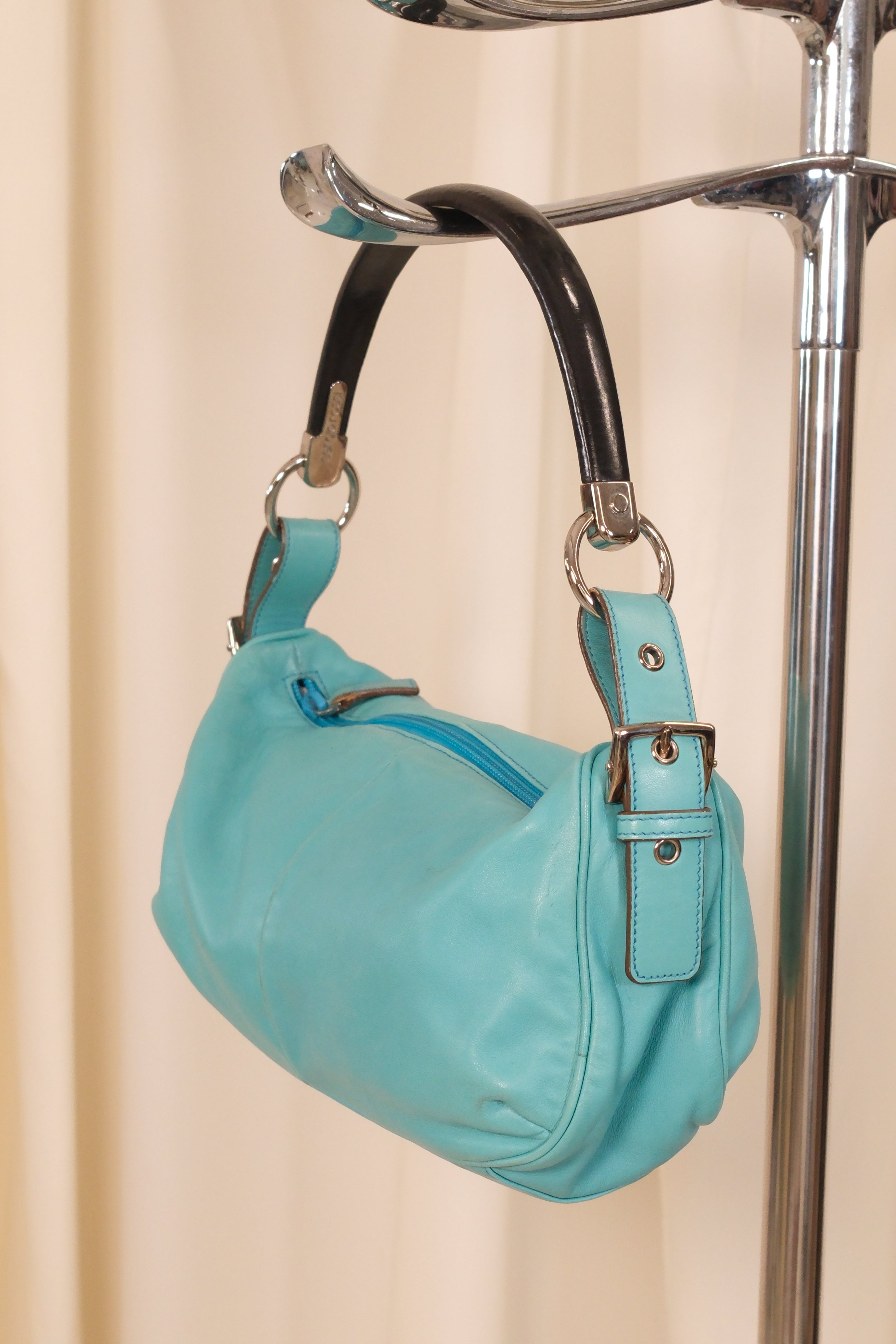 Sergio Rossi Turquoise Leather Bag with Wooden Handle