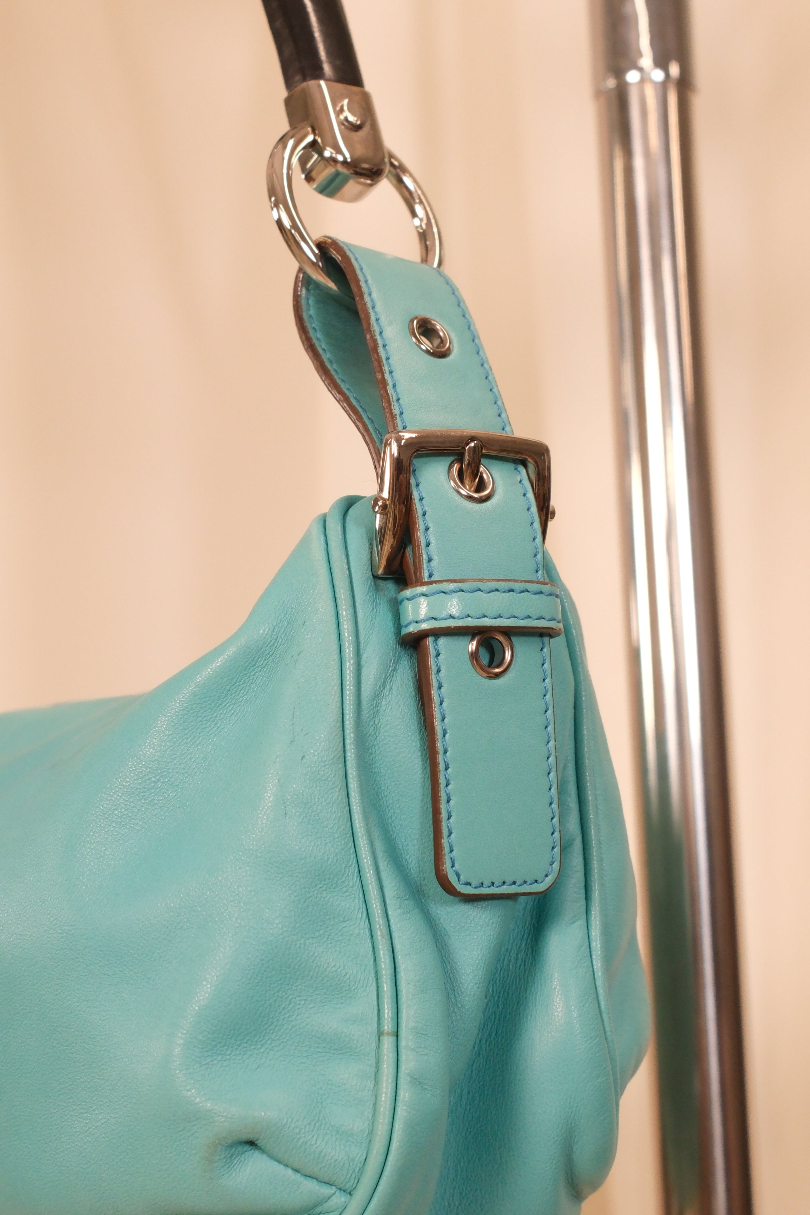 Sergio Rossi Turquoise Leather Bag with Wooden Handle