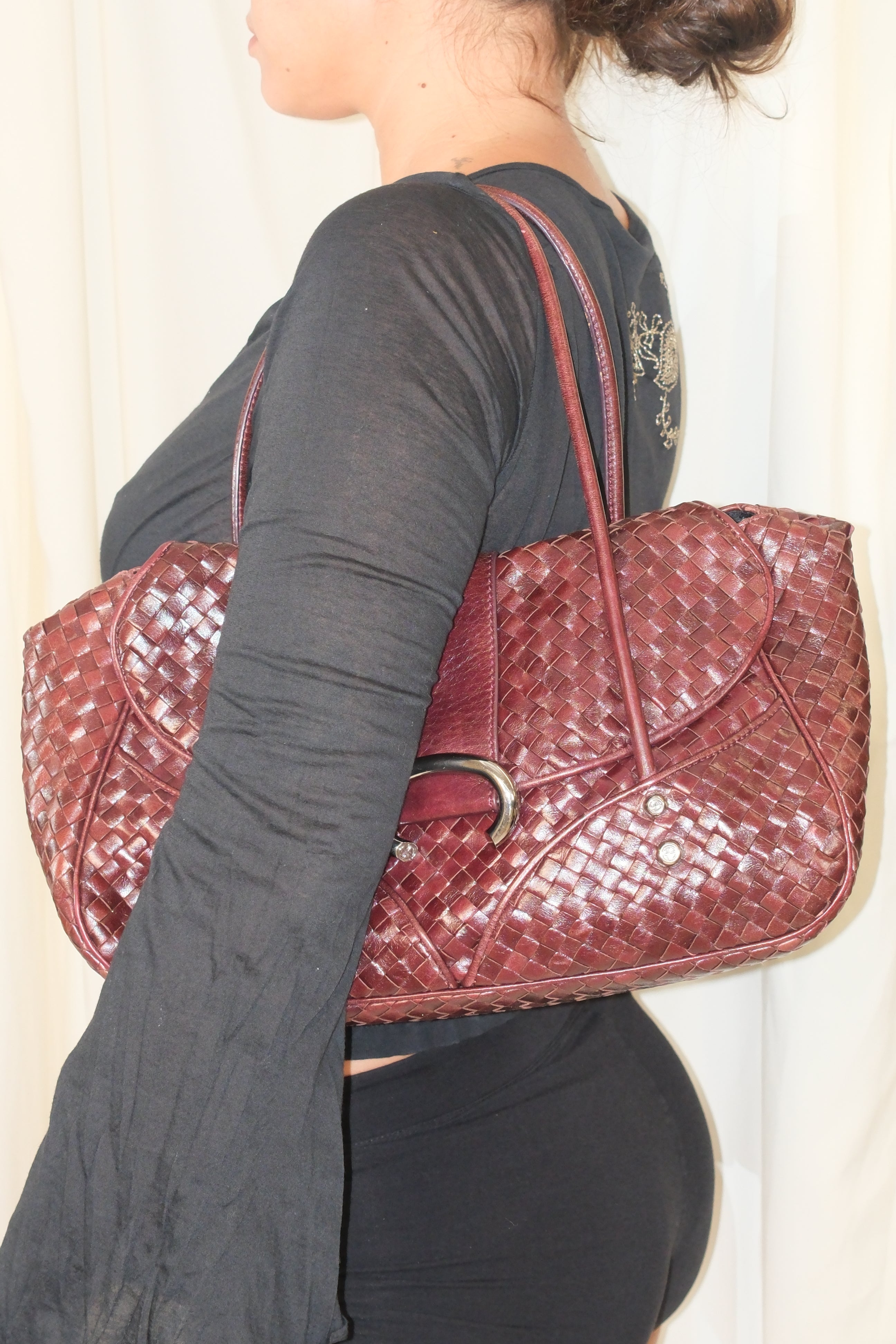 Francesco Biasia Woven Leather Dark Burgundy Bag