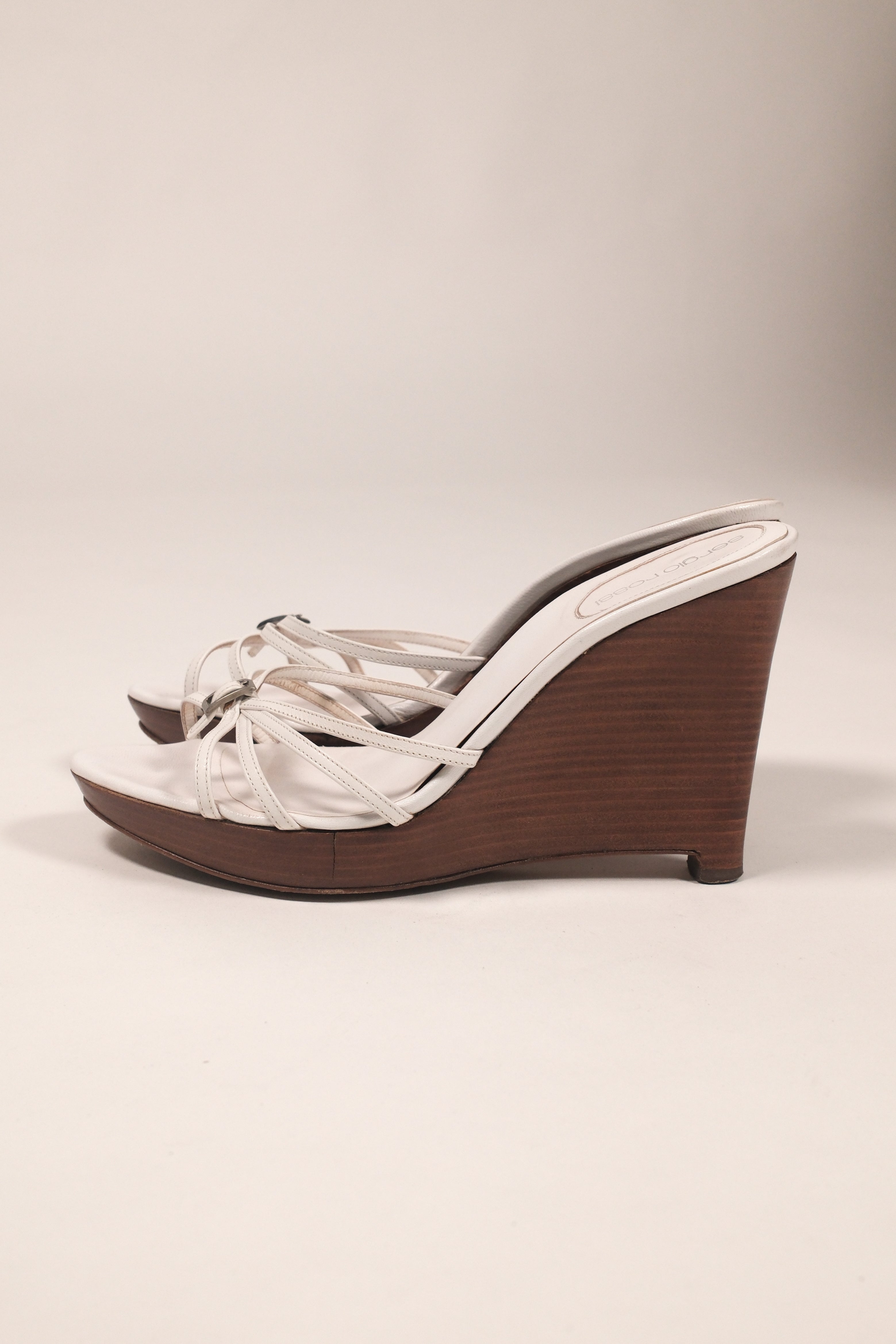 Sergio Rossi White Leather Wood Platform Sandals Size 38