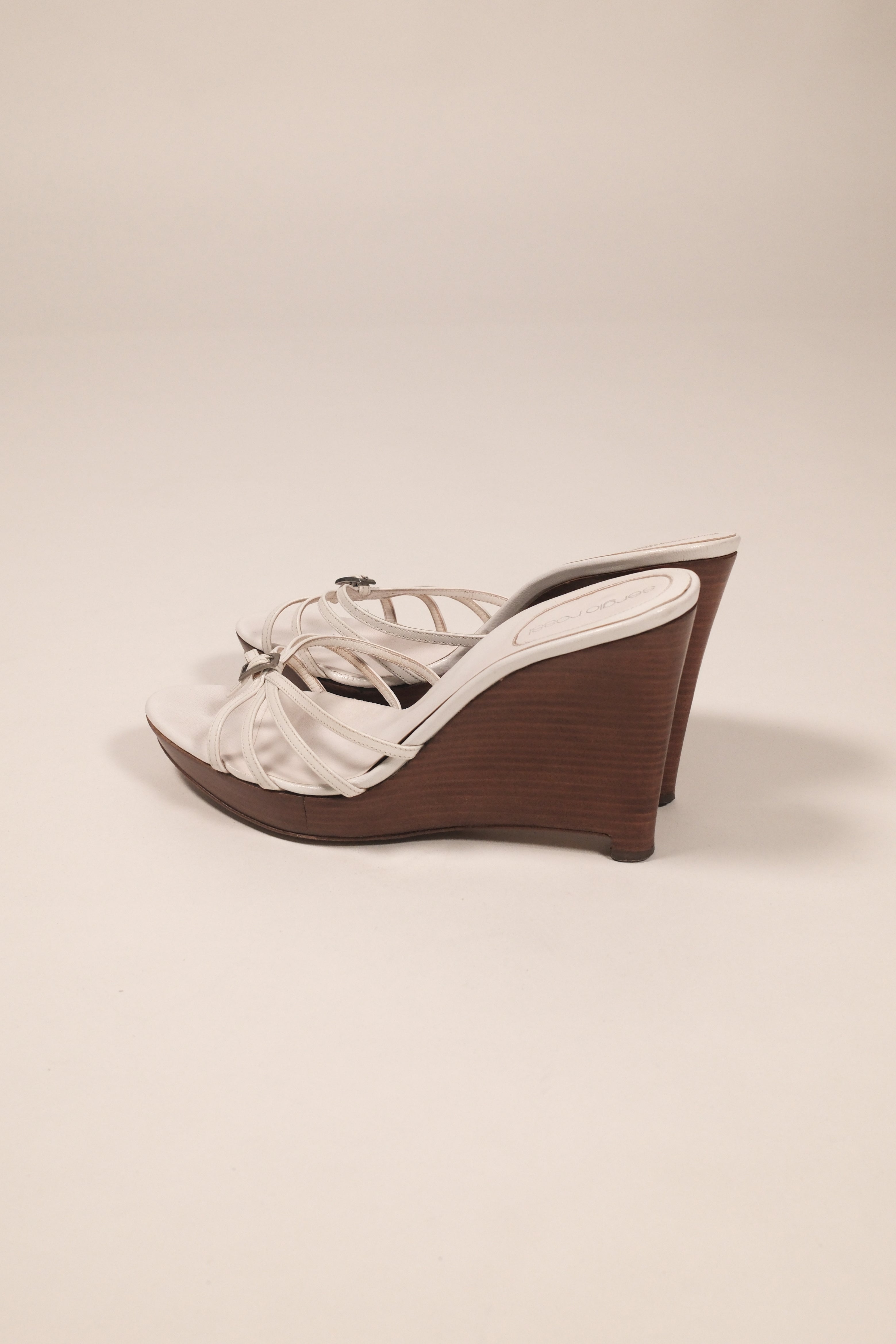 Sergio Rossi White Leather Wood Platform Sandals Size 38