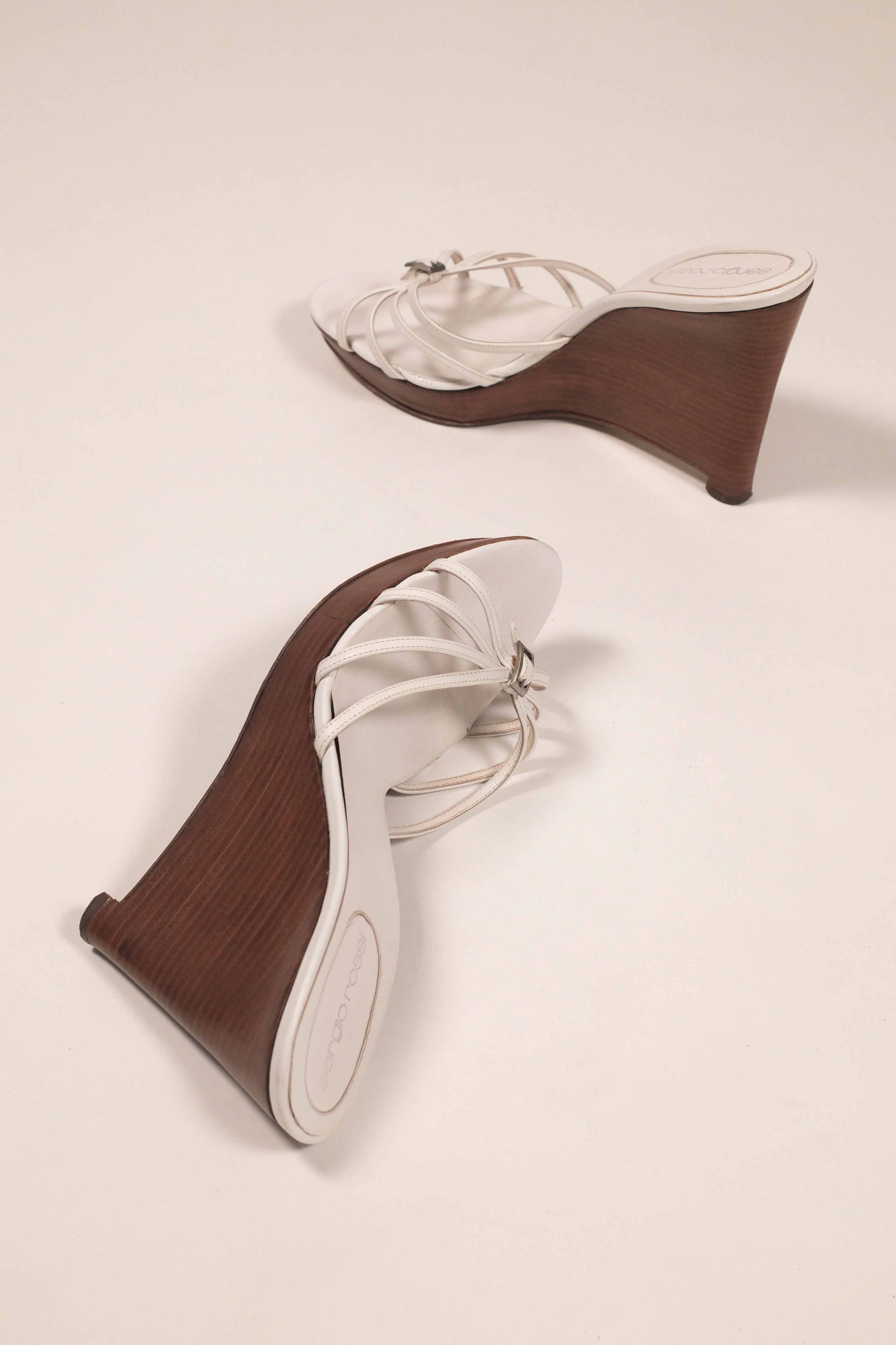 Sergio Rossi White Leather Wood Platform Sandals Size 38