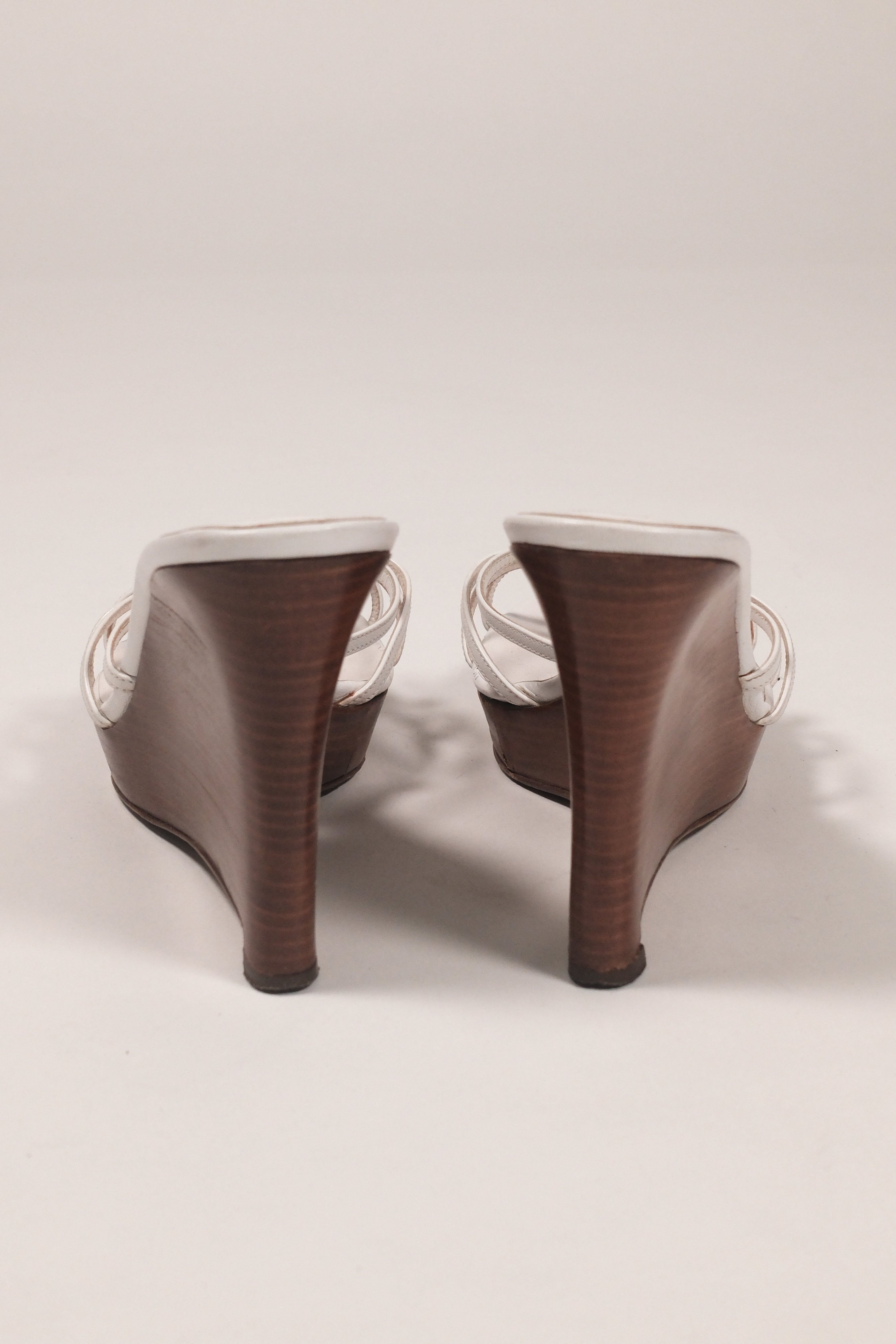 Sergio Rossi White Leather Wood Platform Sandals Size 38