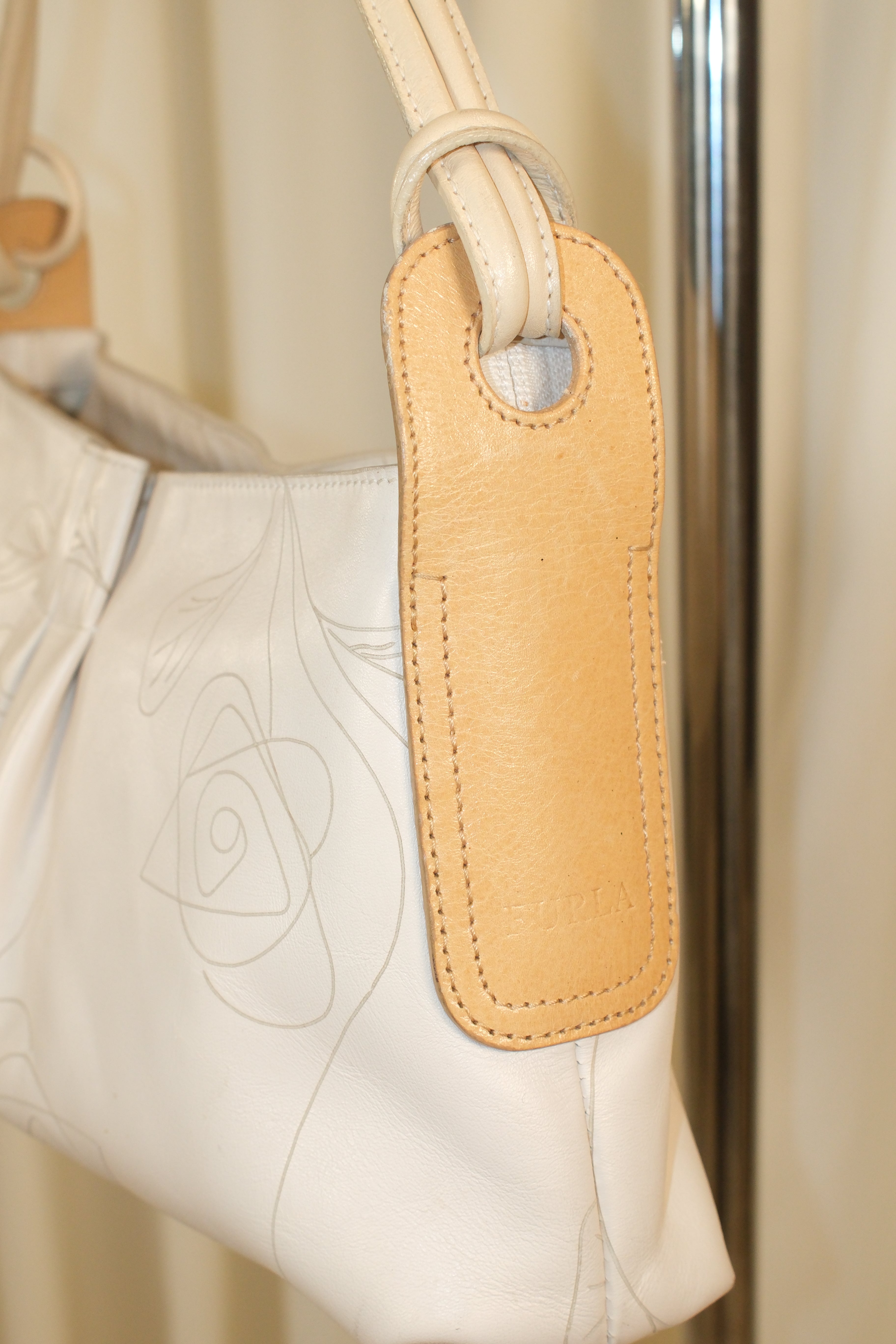 Furla Cream Leather Bag with Engraving Roses
