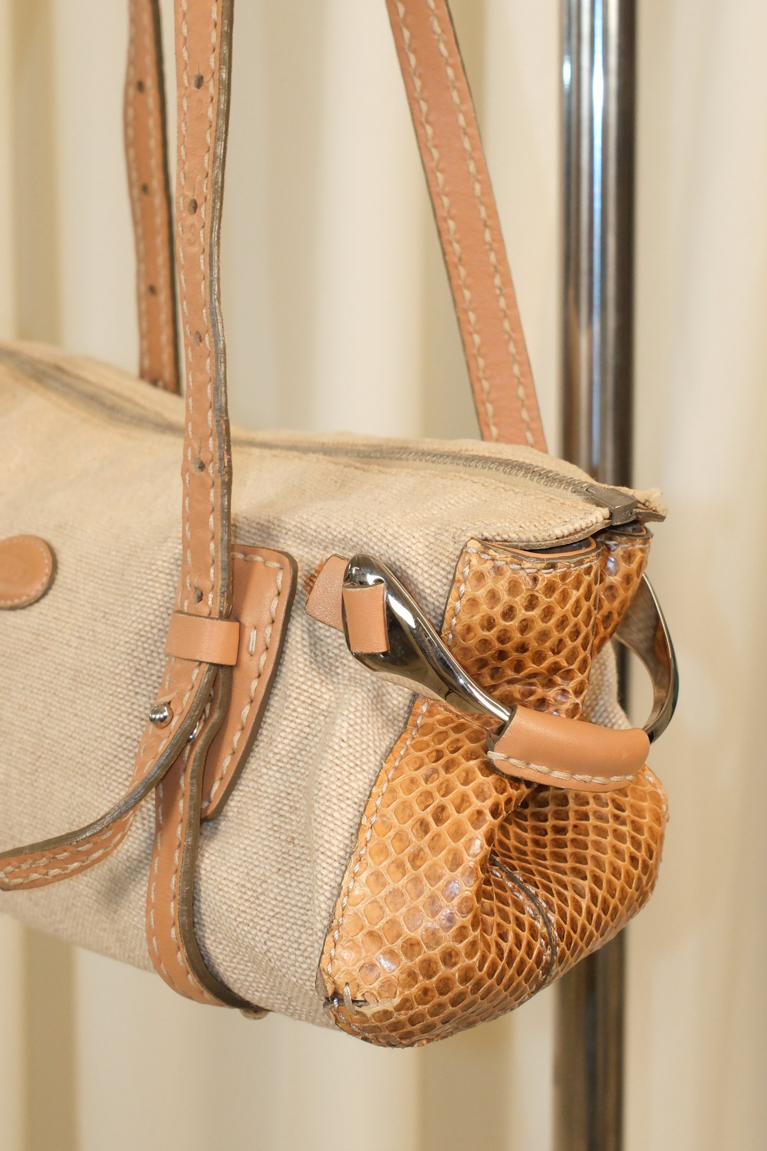 Tod’s Leather & Canvas Bag with Snakeskin Print