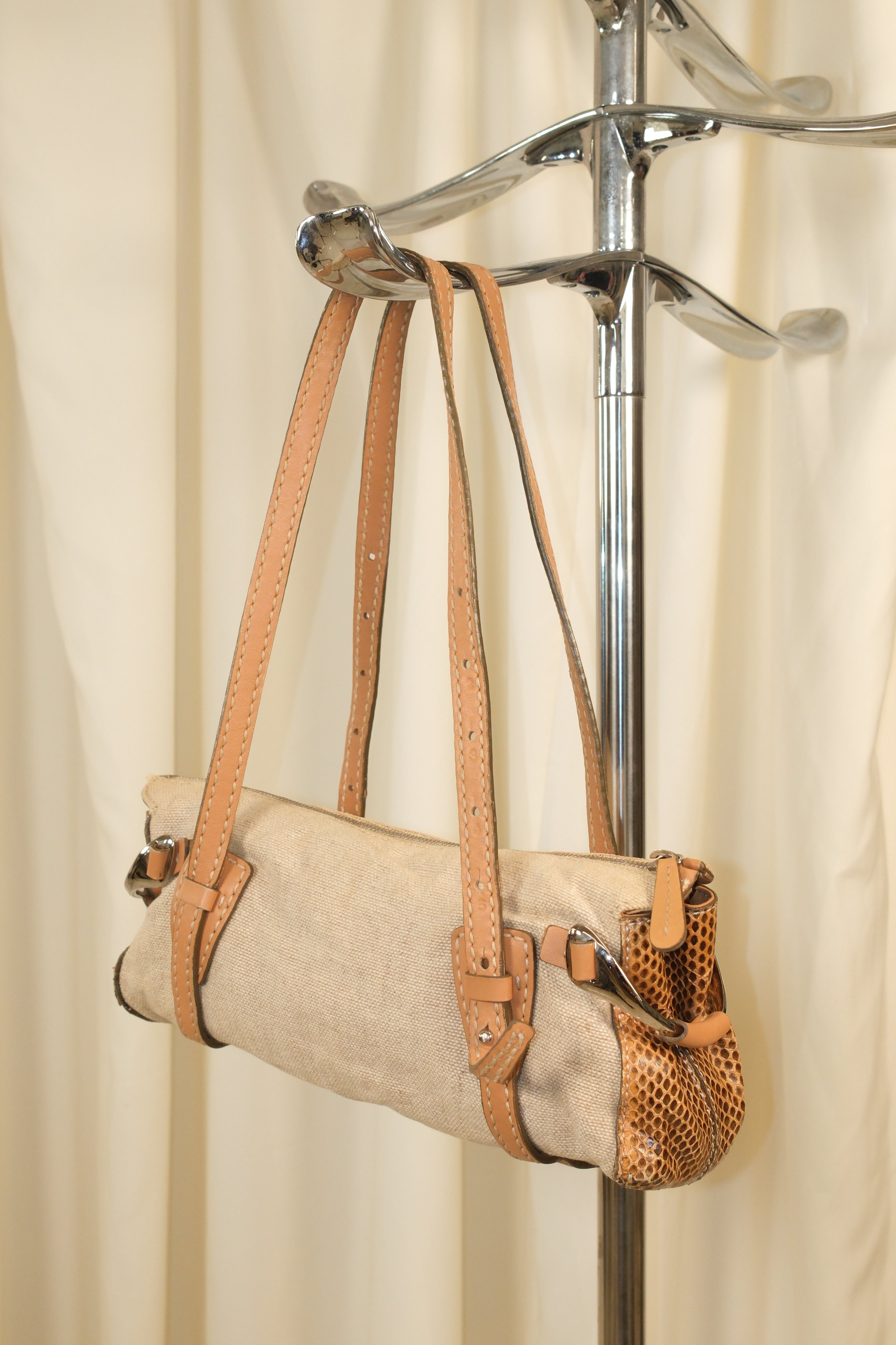 Tod’s Leather & Canvas Bag with Snakeskin Print