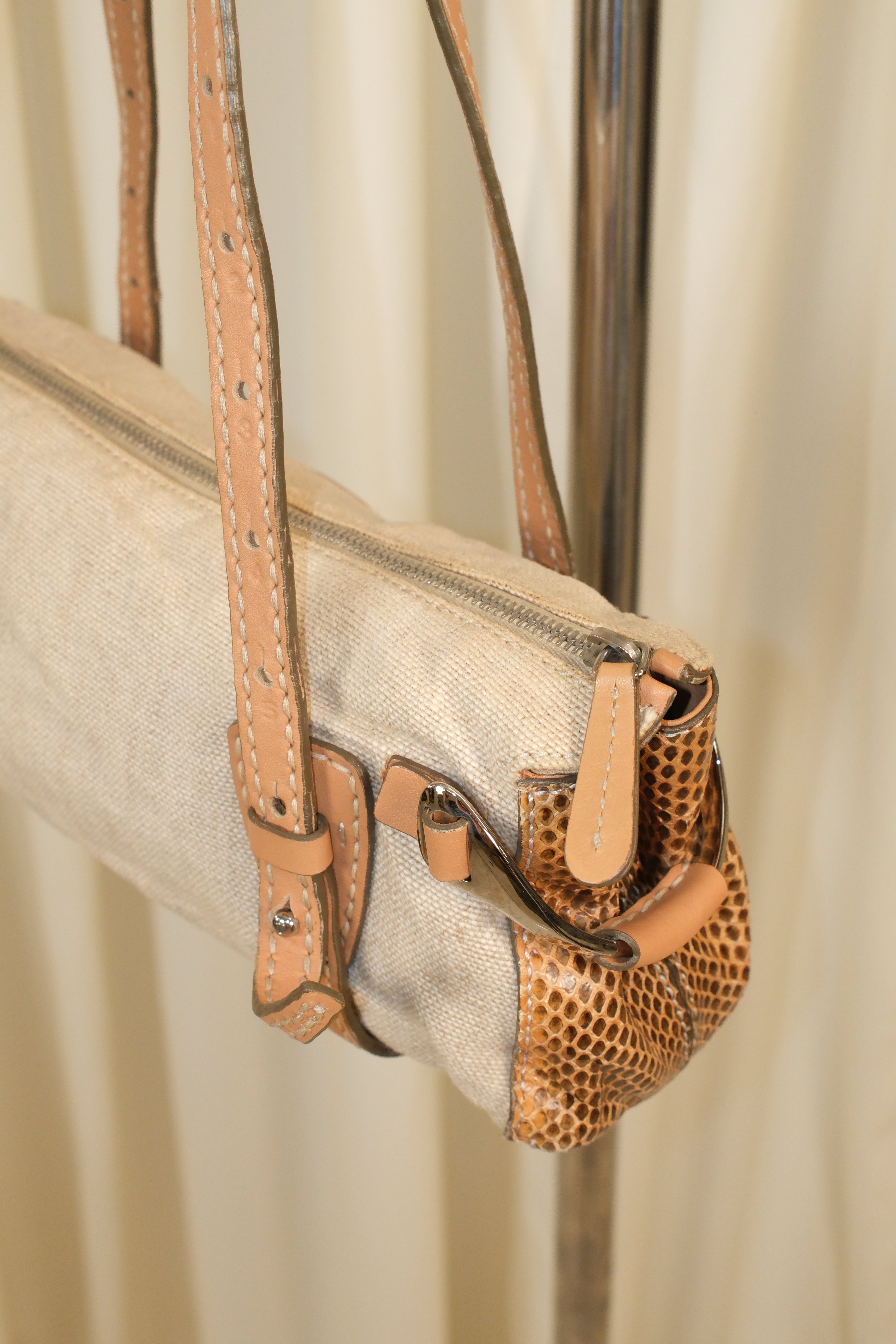 Tod’s Leather & Canvas Bag with Snakeskin Print