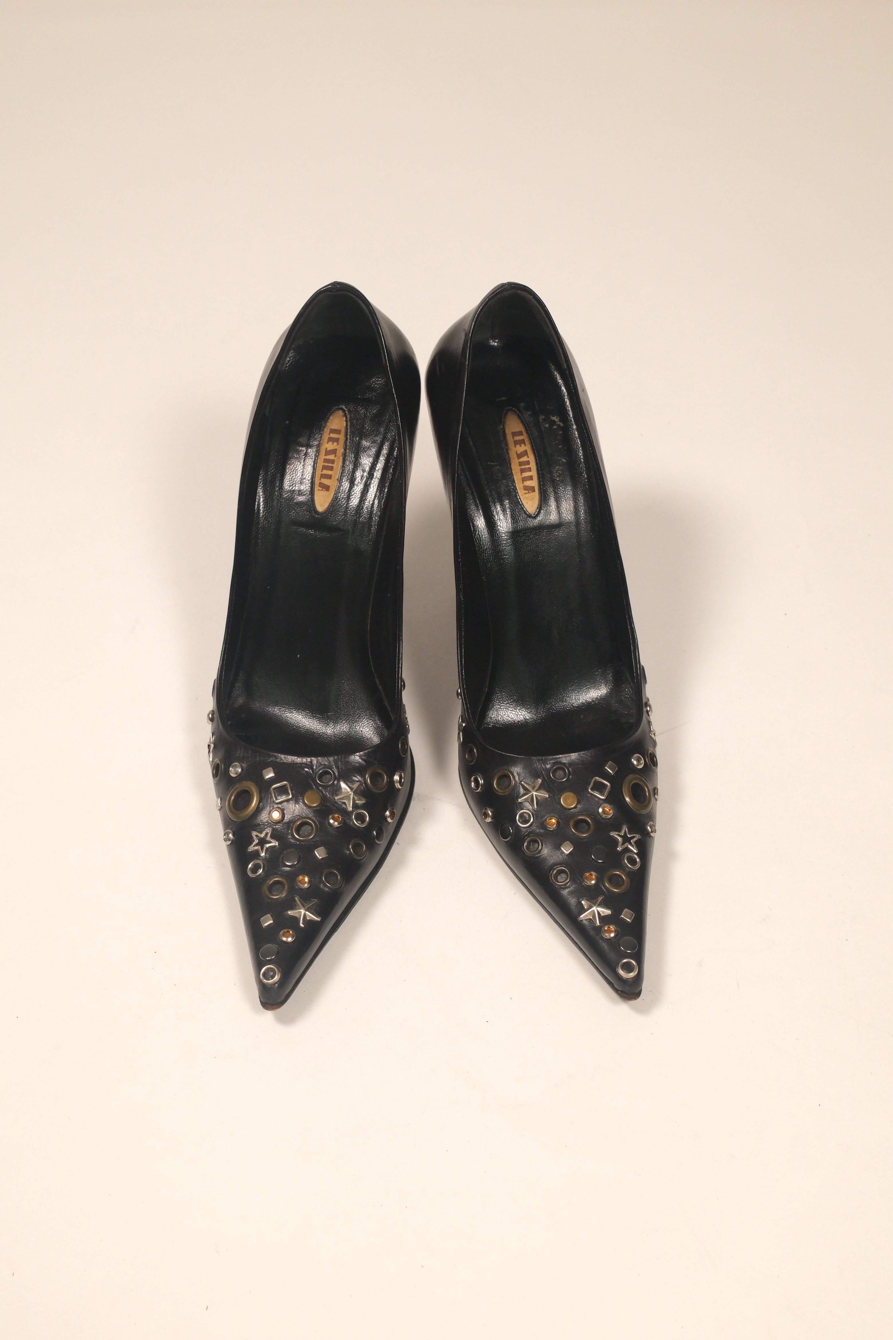 Le Silla Black Leather Studded High Heels Size 36