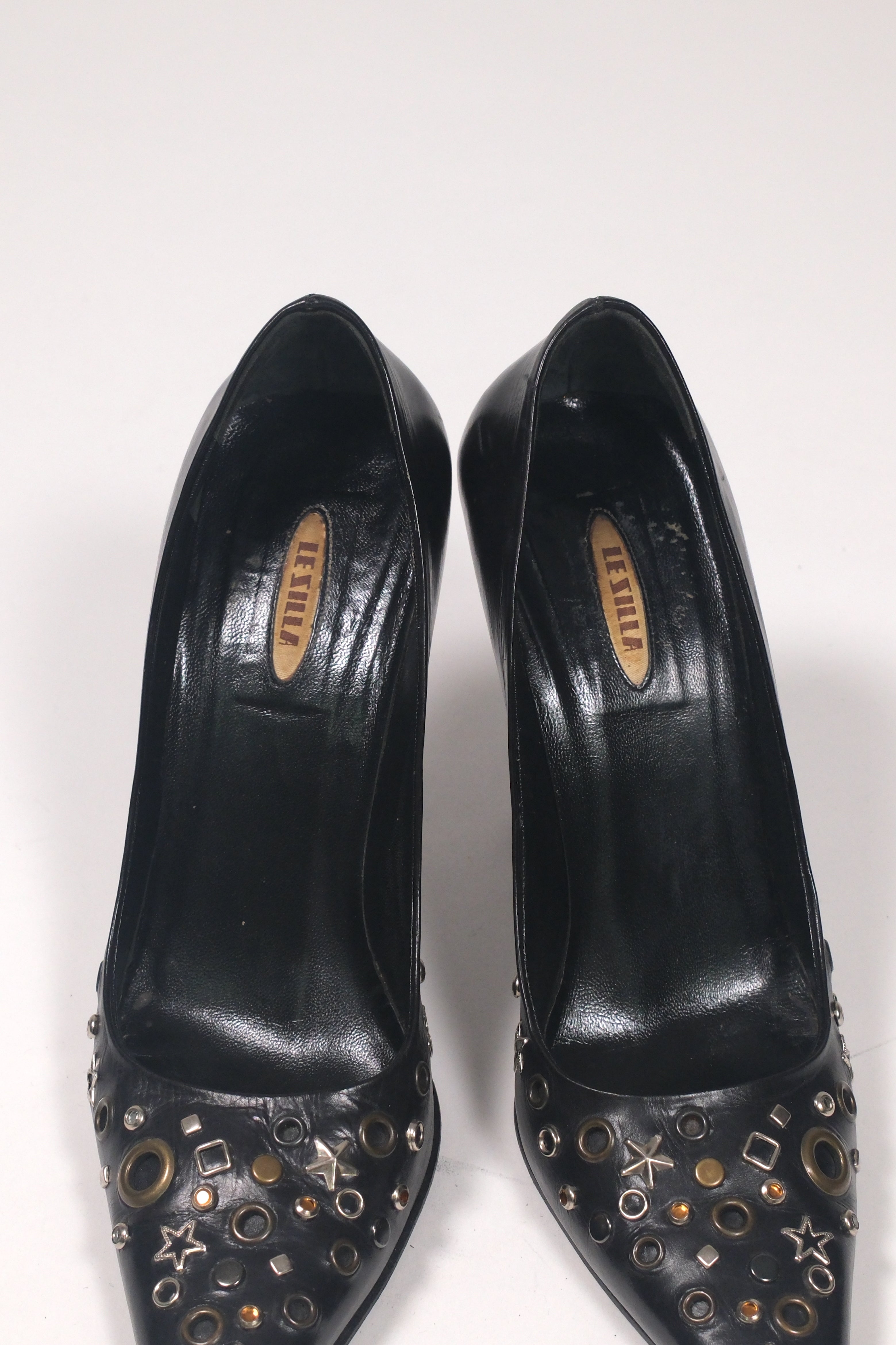 Le Silla Black Leather Studded High Heels Size 36