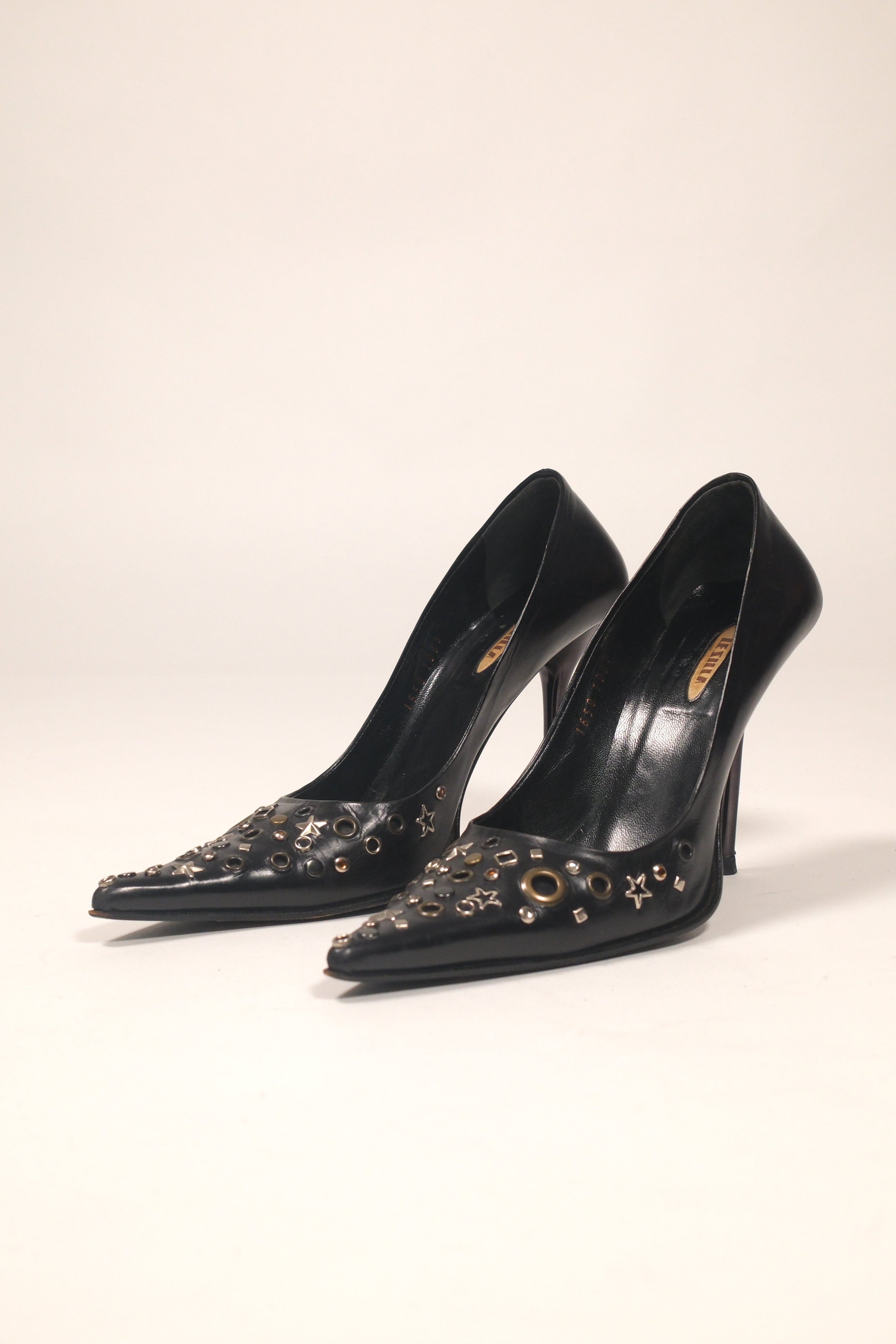 Le Silla Black Leather Studded High Heels Size 36