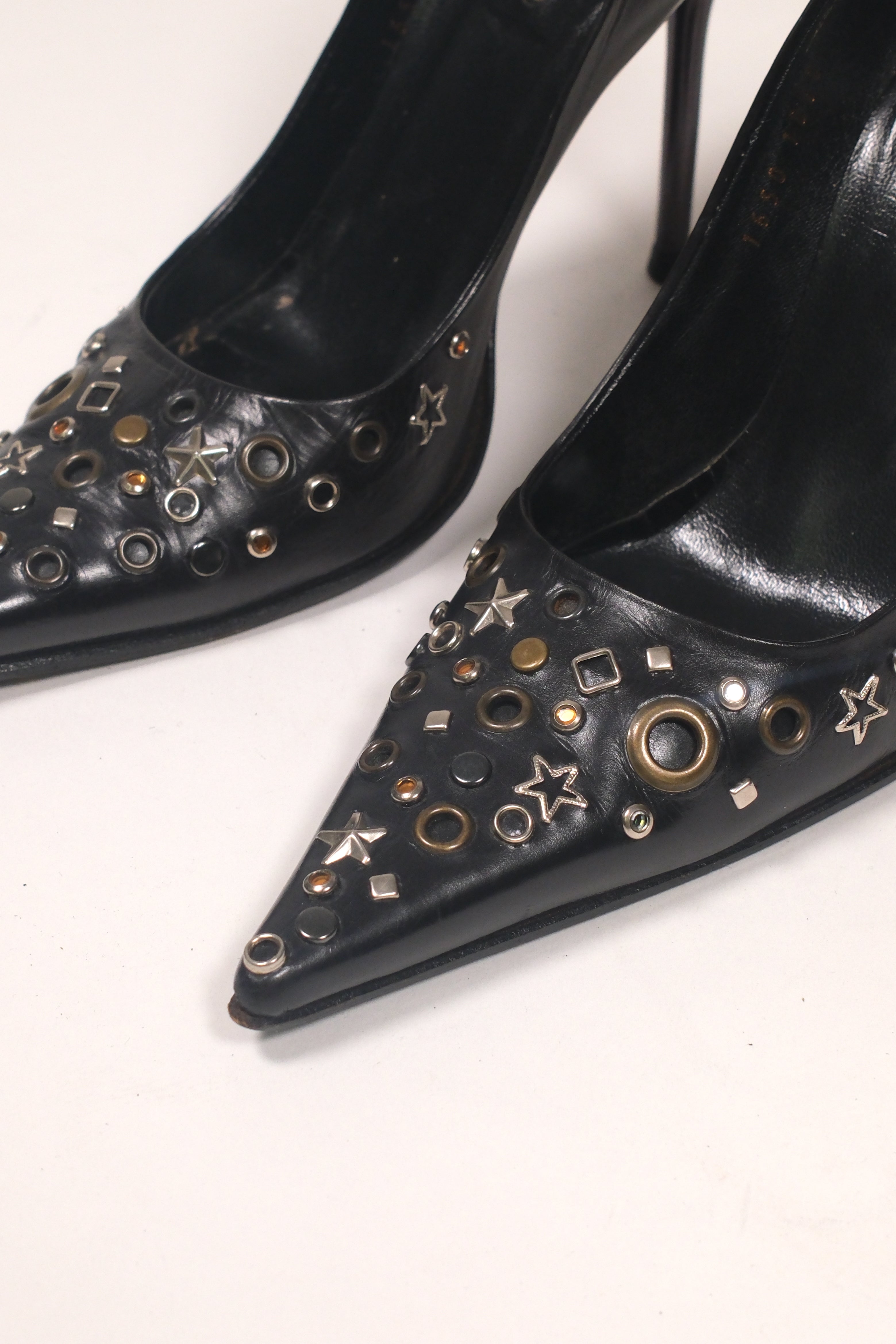 Le Silla Black Leather Studded High Heels Size 36
