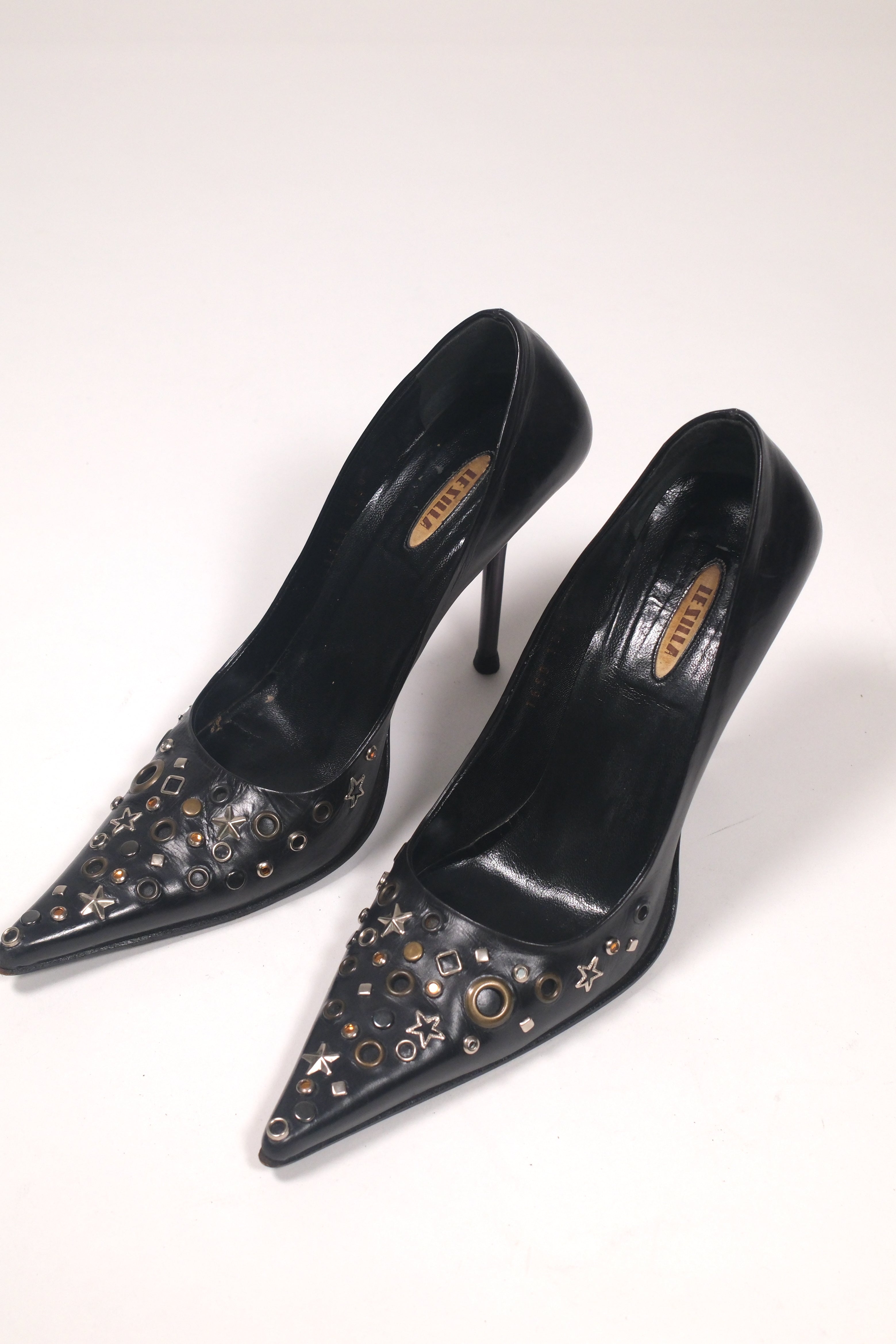 Le Silla Black Leather Studded High Heels Size 36