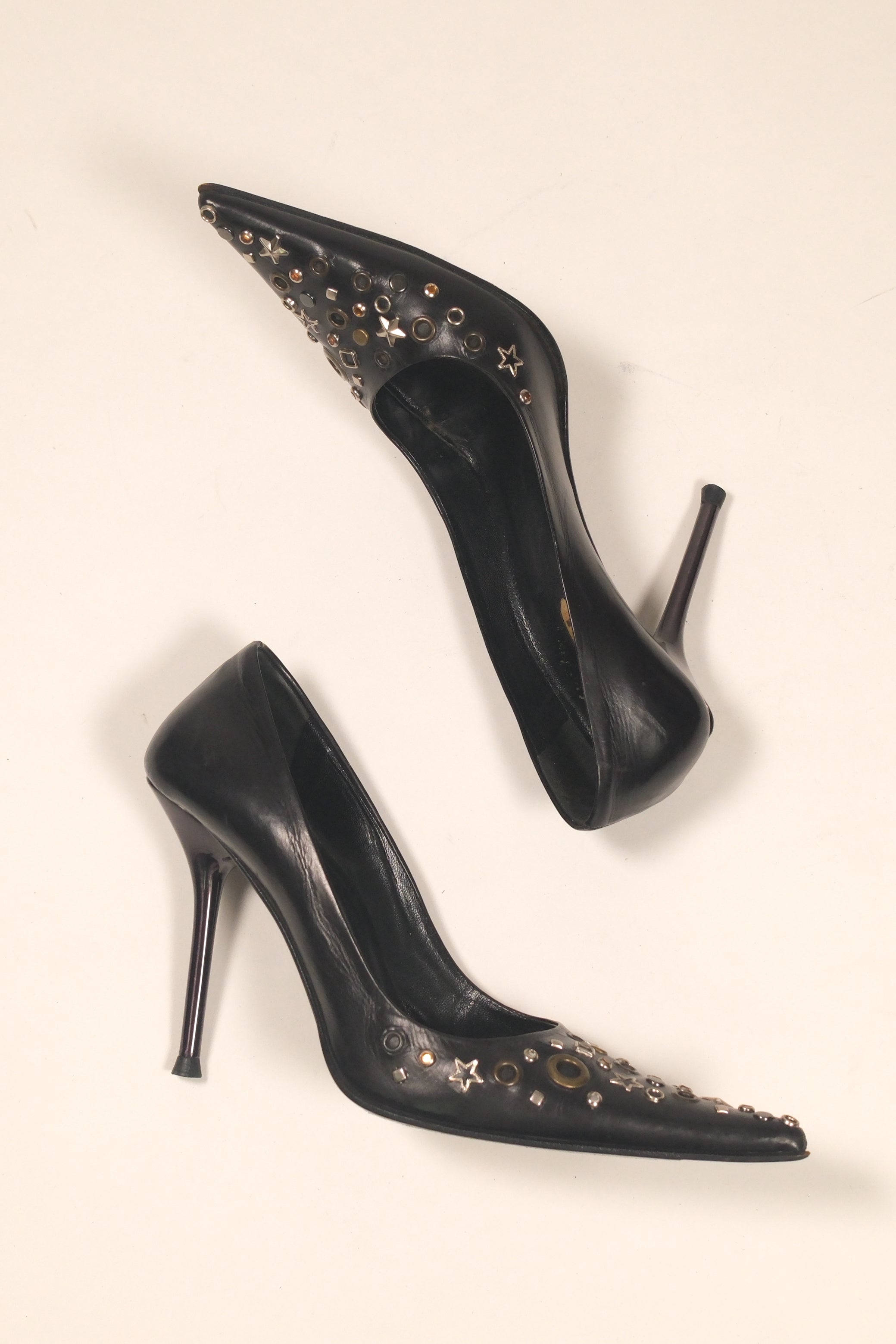 Le Silla Black Leather Studded High Heels Size 36