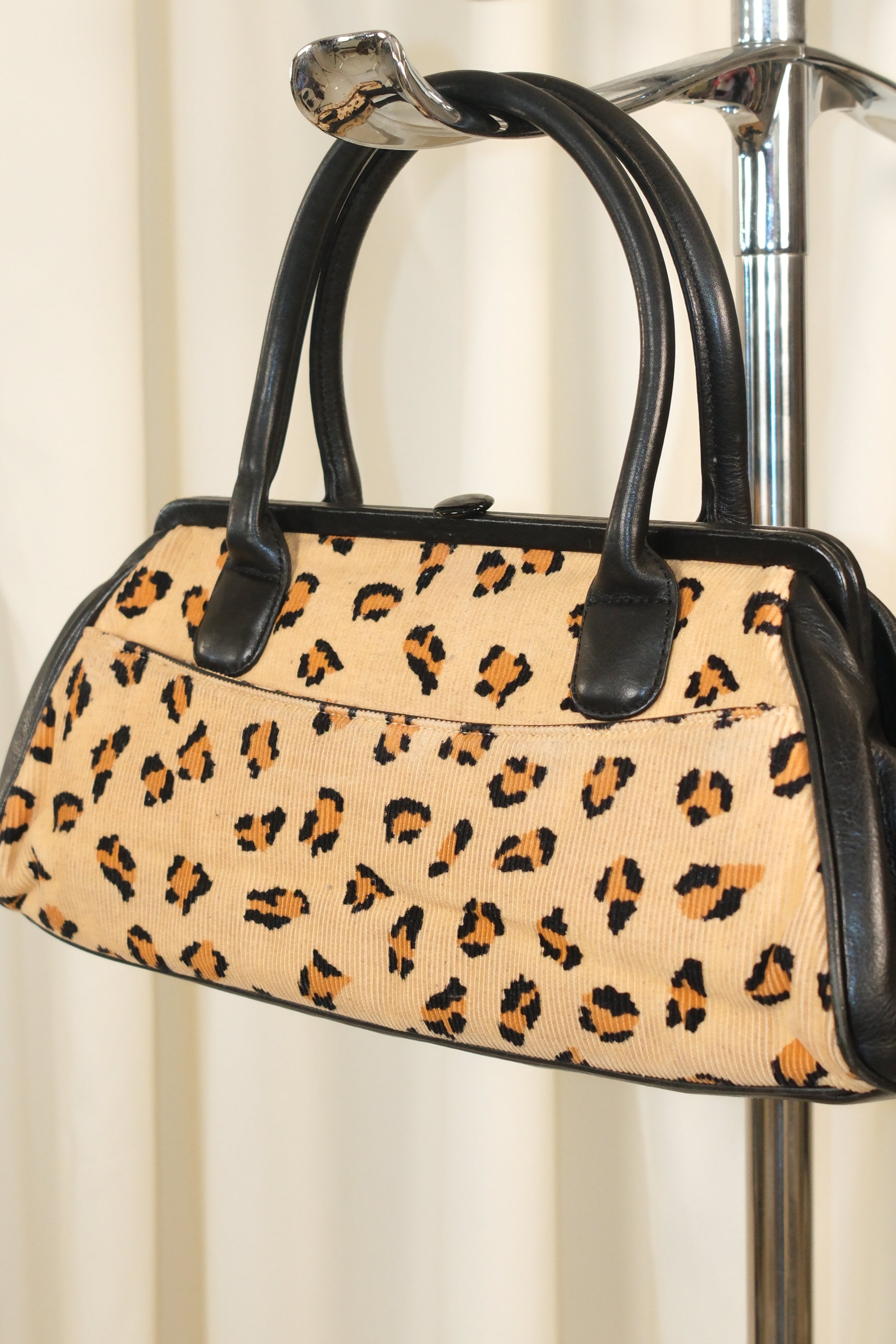 Marc Jacobs Leopard Printed Corduroy & black Leather Bag with clutch closer