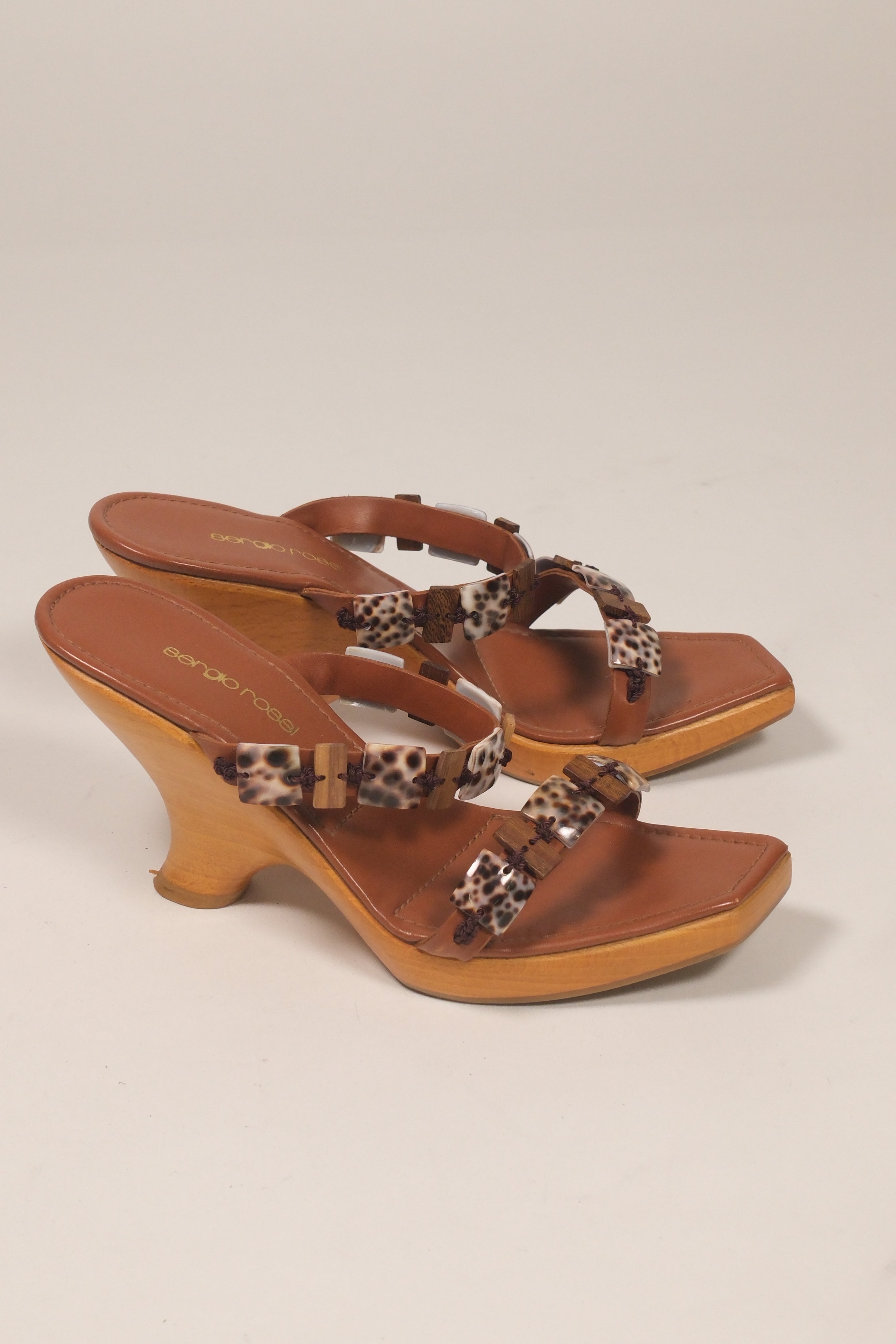 Sergio Rossi Brown Leather & shells Slide High Heel Sandals Size 38