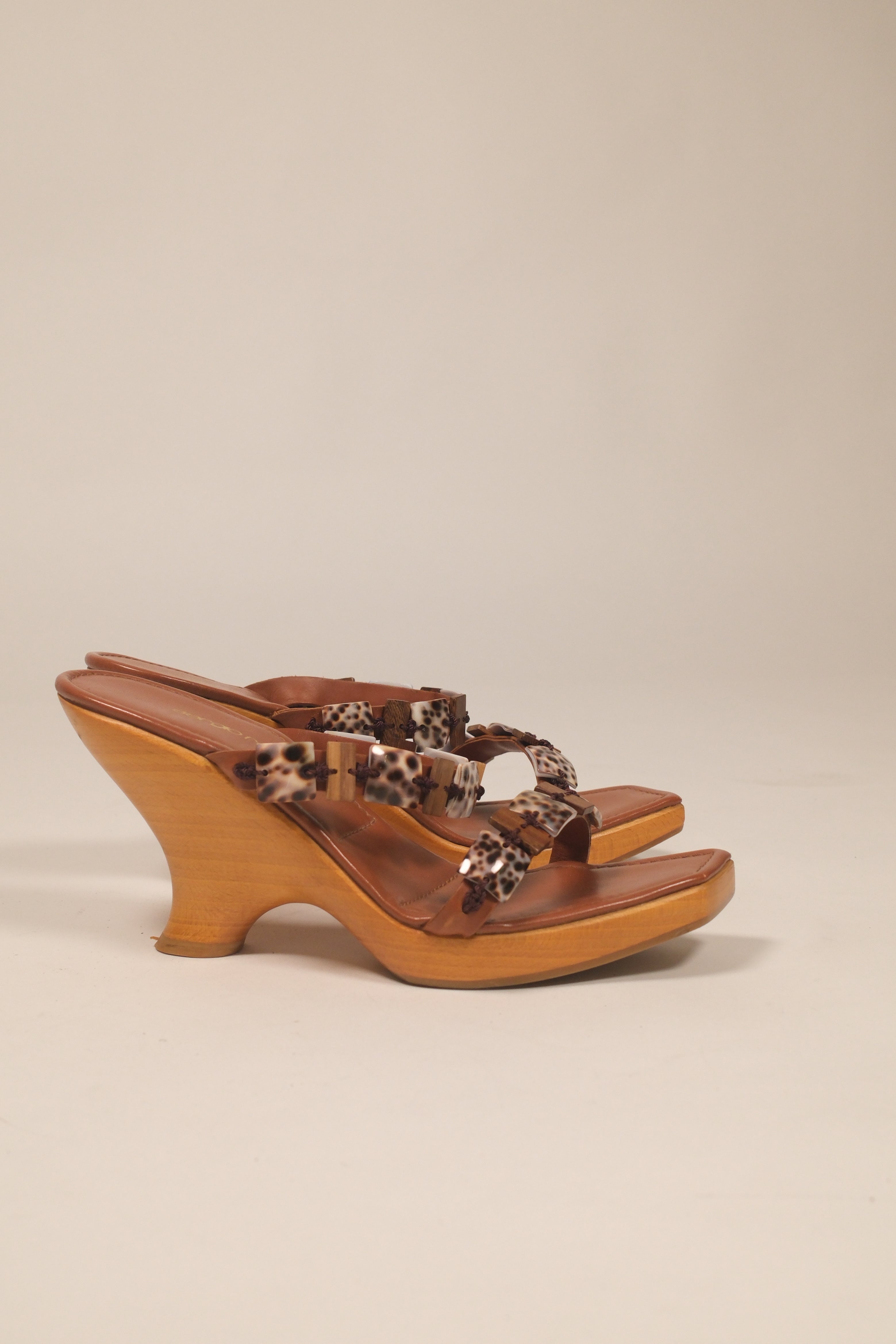 Sergio Rossi Brown Leather & shells Slide High Heel Sandals Size 38