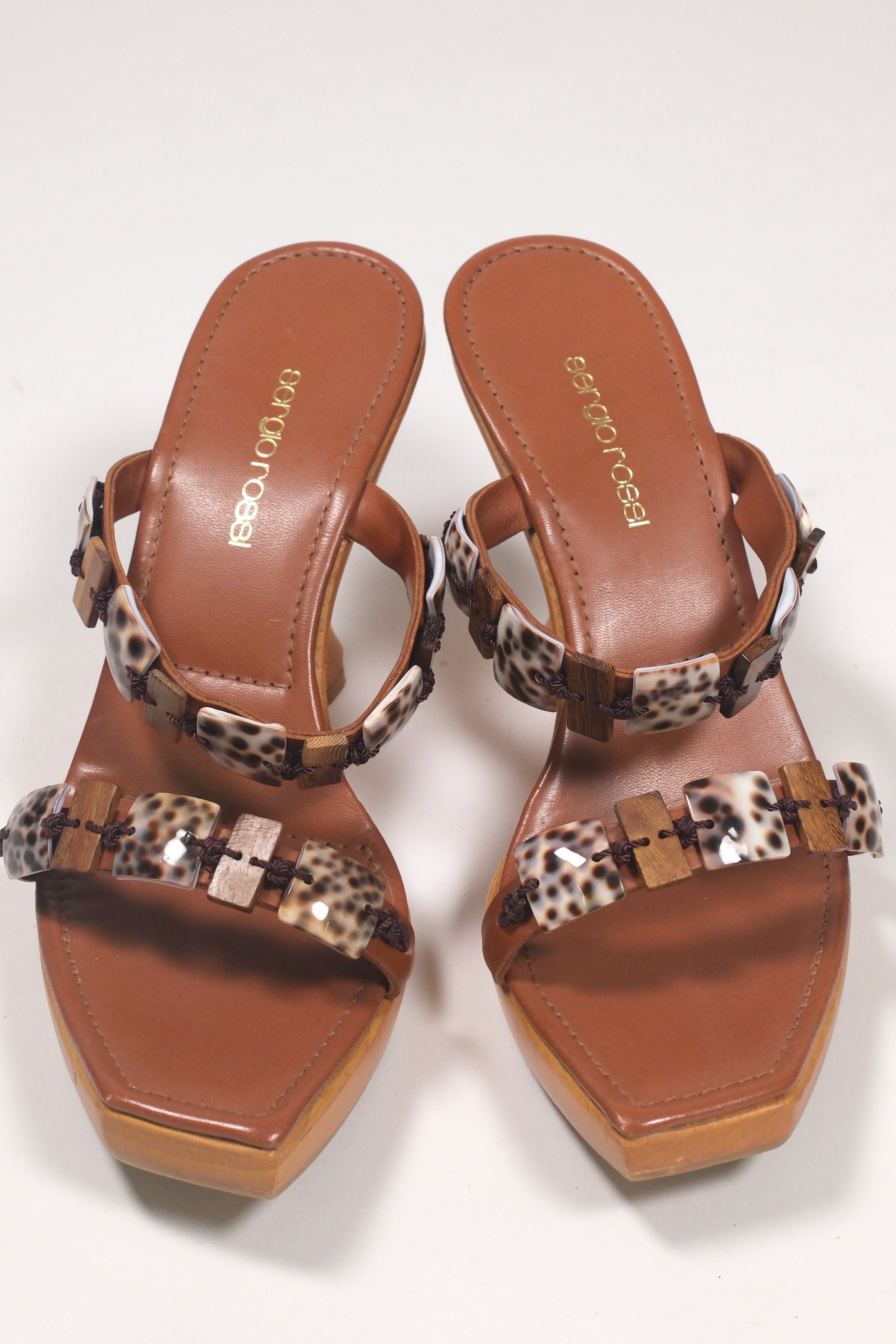 Sergio Rossi Brown Leather & shells Slide High Heel Sandals Size 38