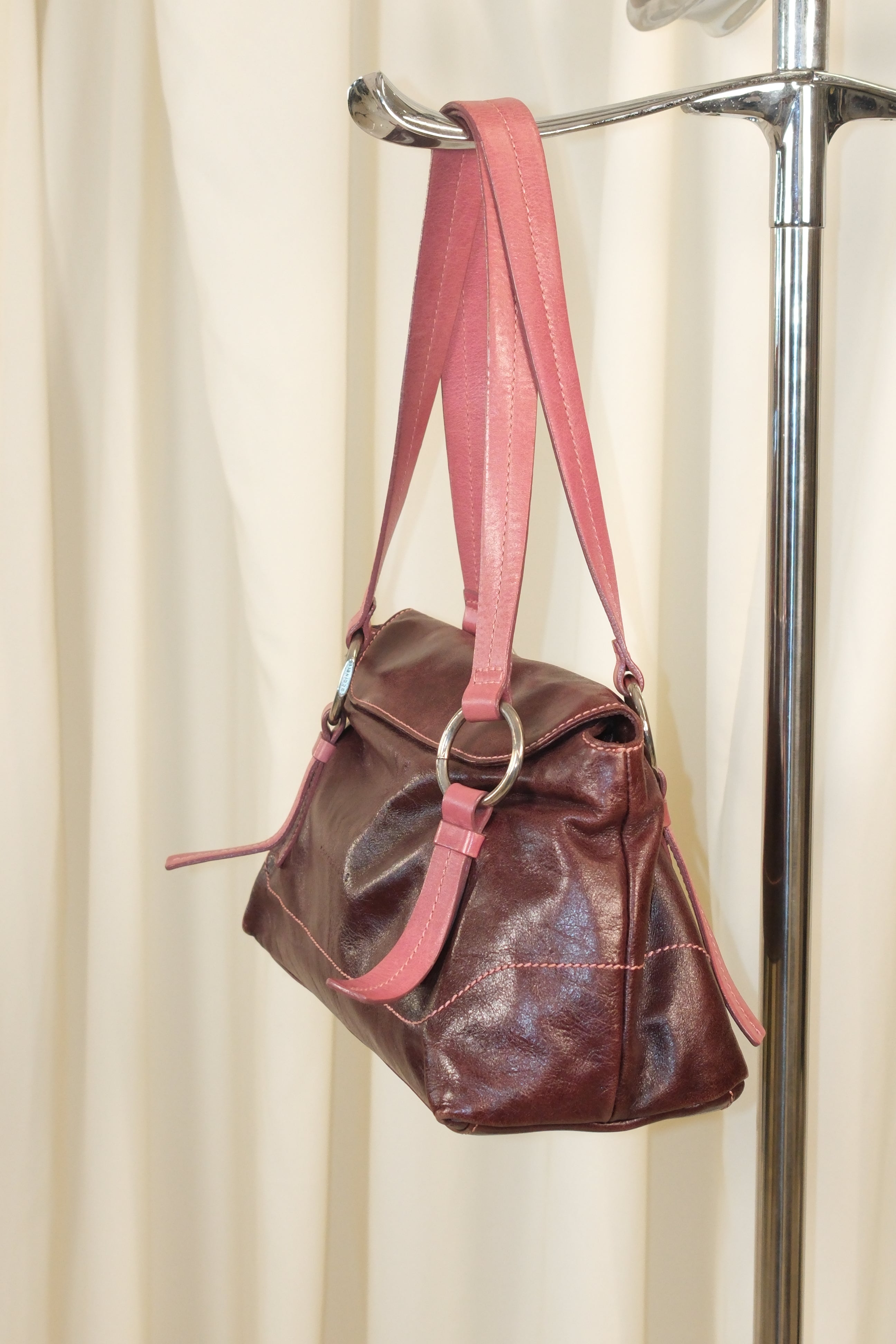 Coccinelle Purple Leather Bag with Pink Handles
