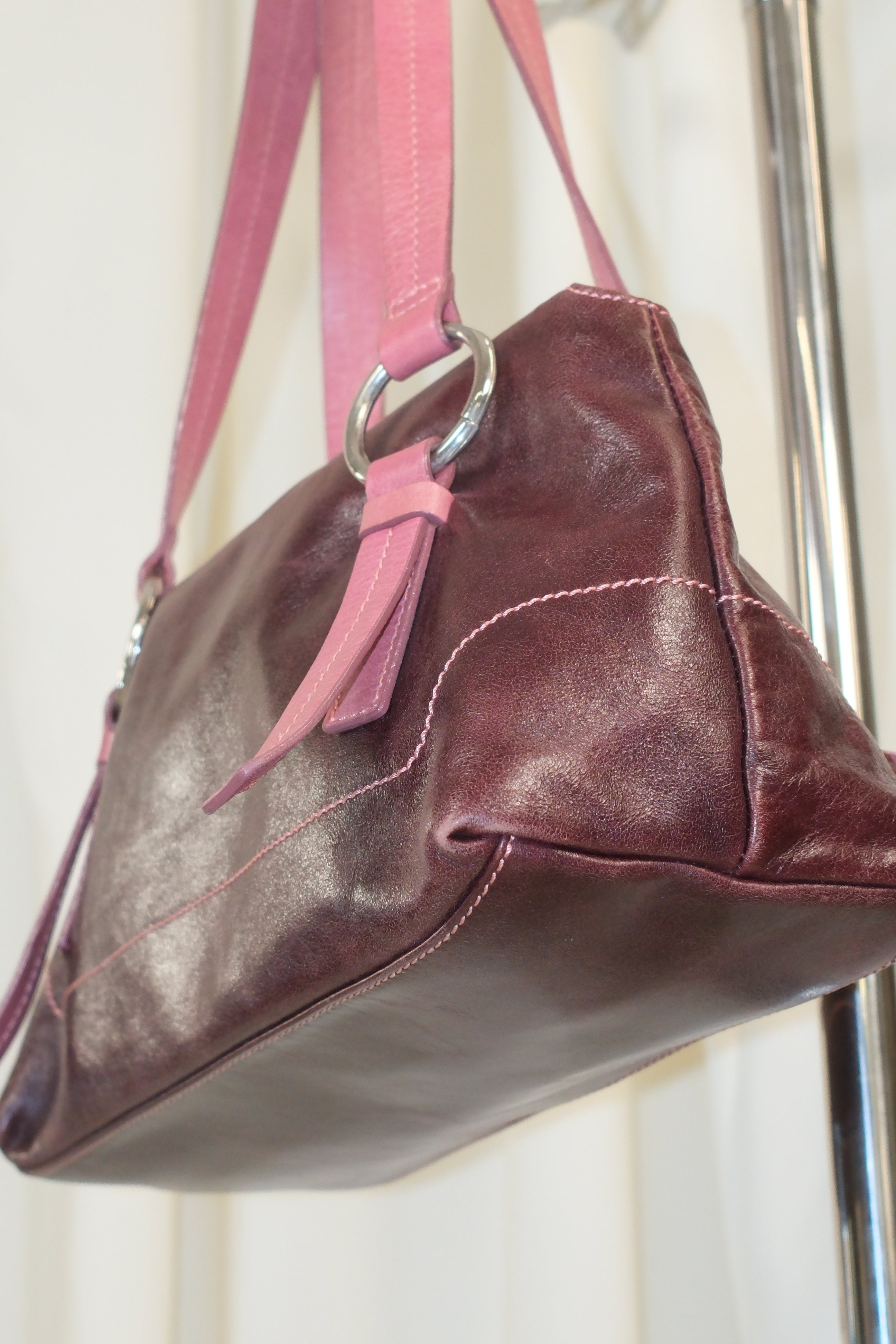 Coccinelle Purple Leather Bag with Pink Handles