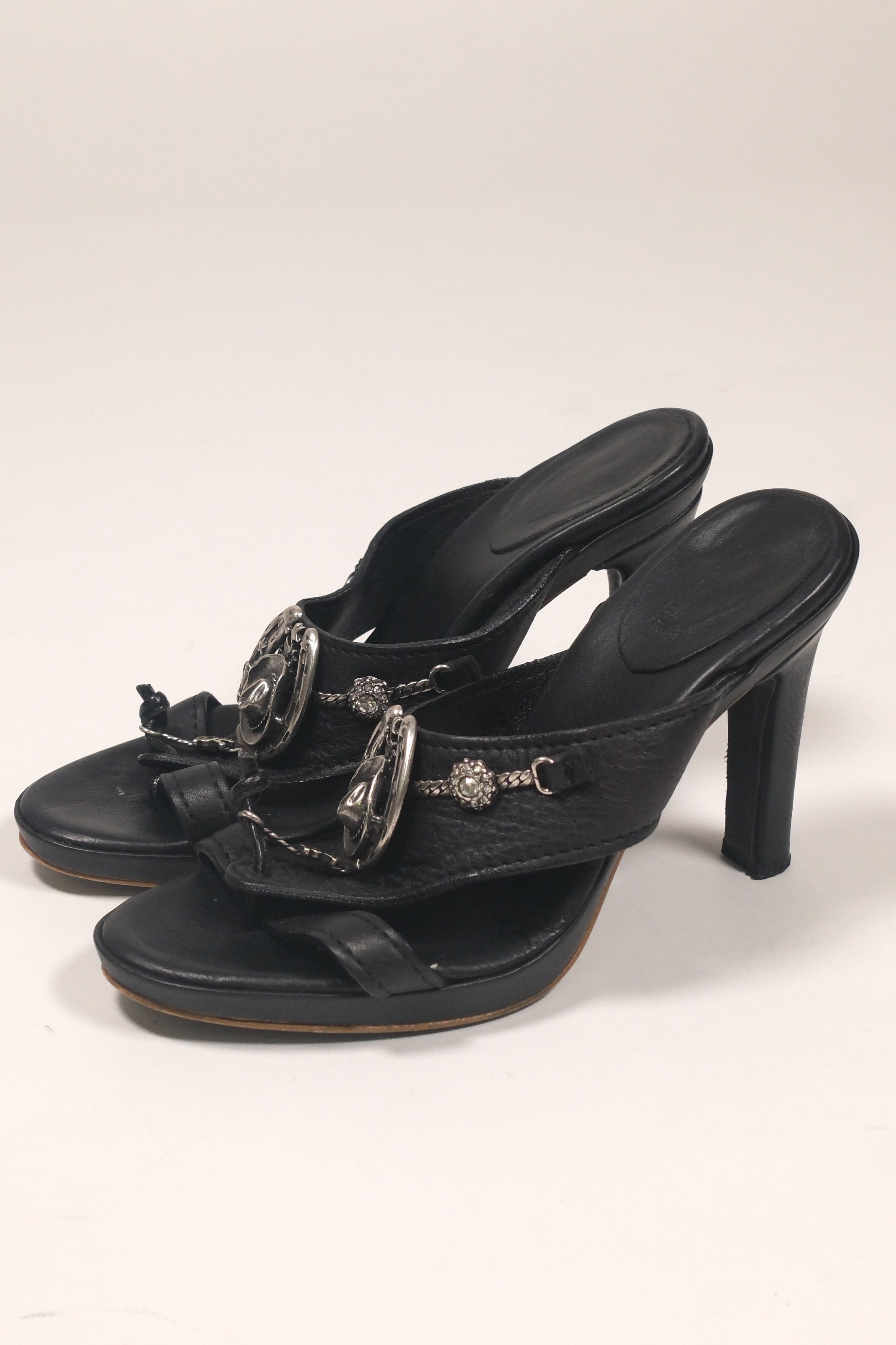 Save The Queen Black Leather Sandals With Cowboy Details Size 37