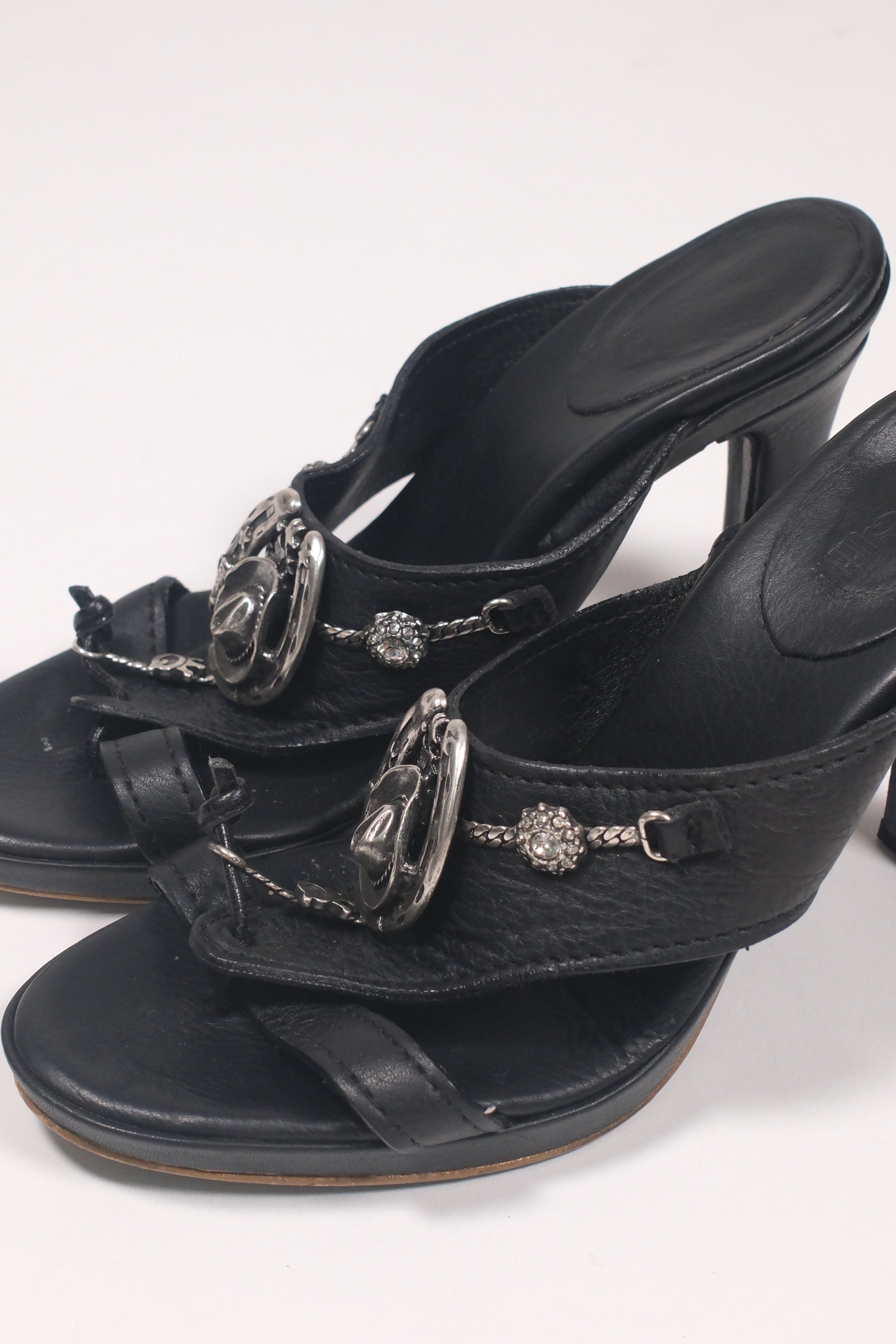 Save The Queen Black Leather Sandals With Cowboy Details Size 37