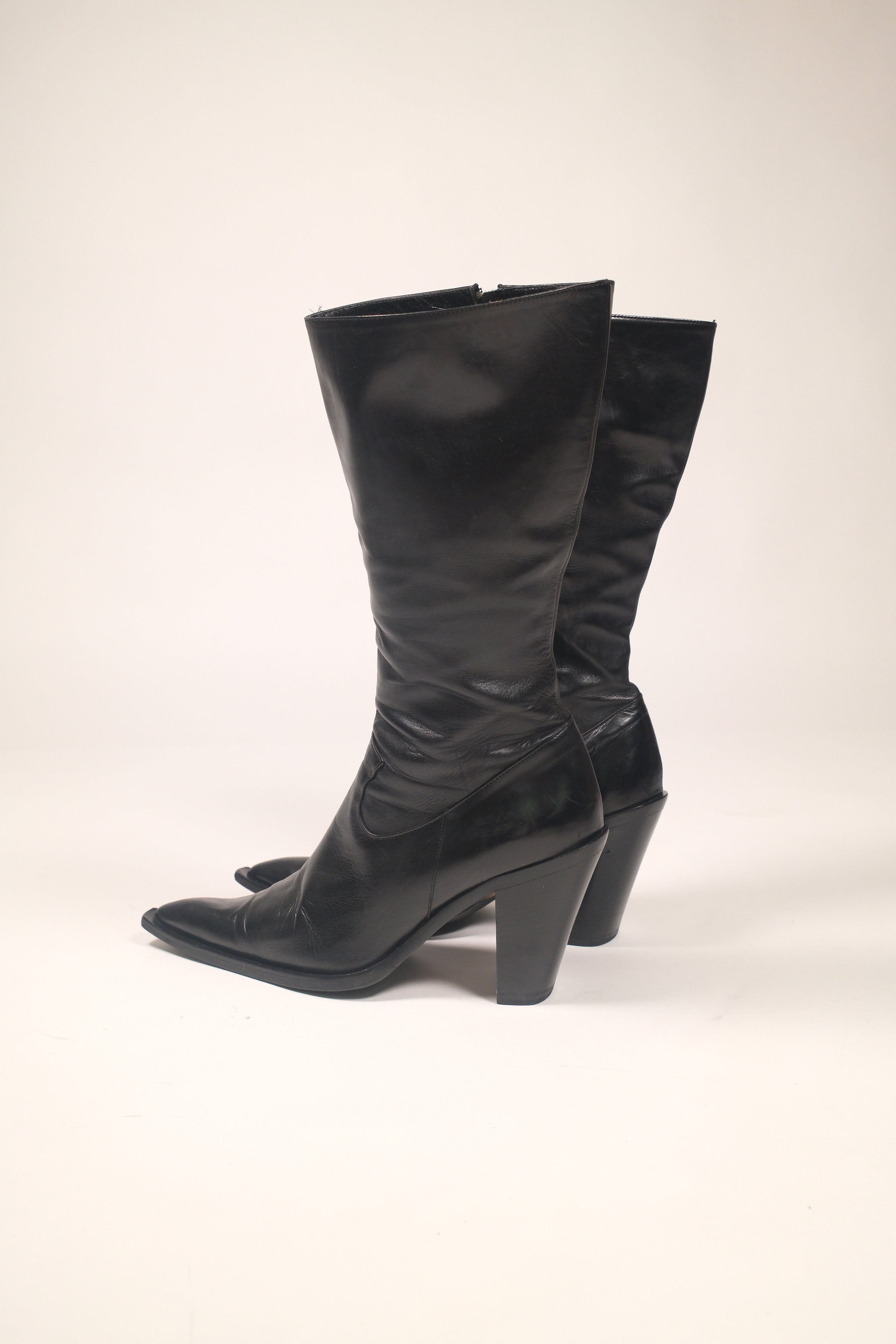 Italian Leather Black Pointed-Toe Boots Size 40