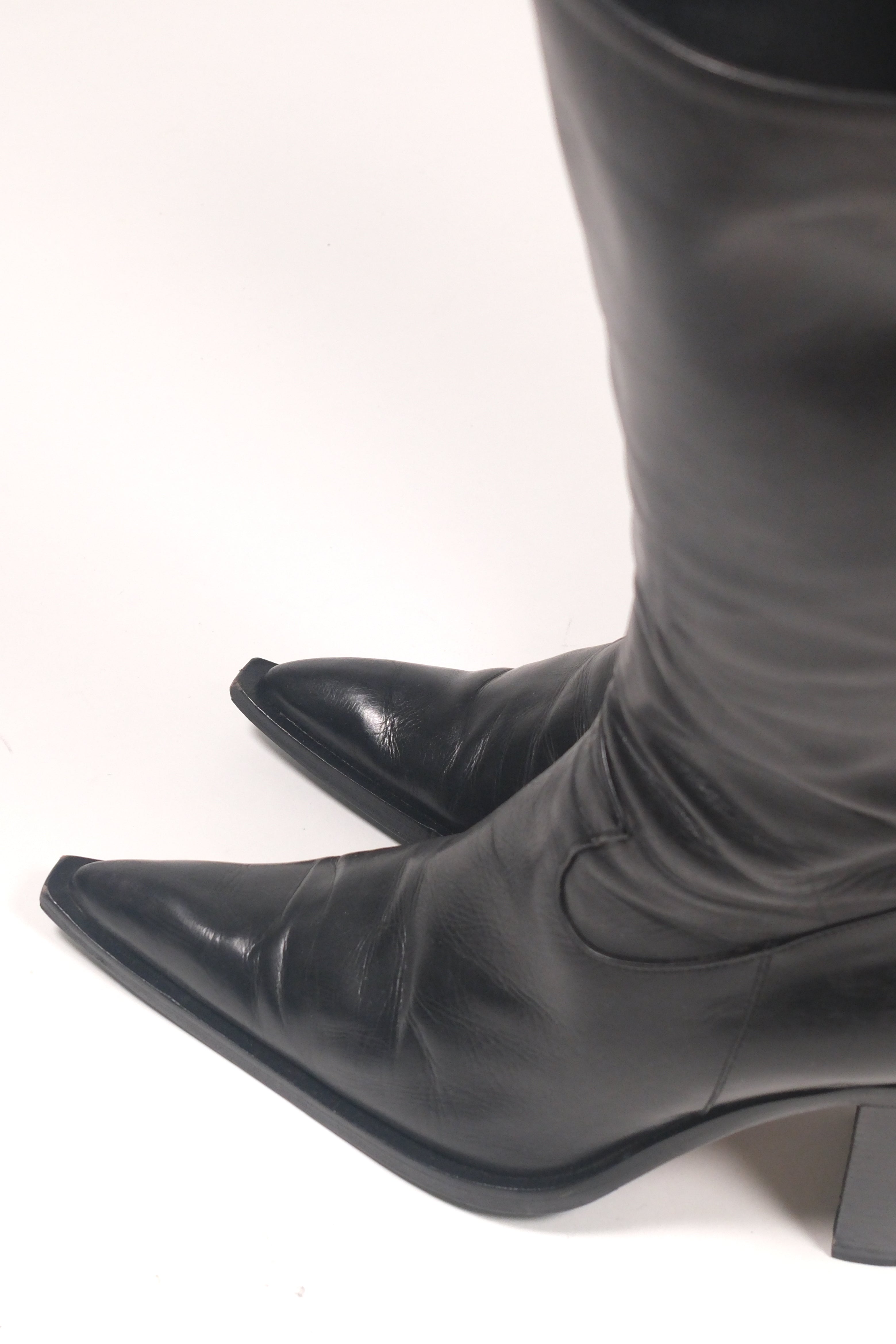 Italian Leather Black Pointed-Toe Boots Size 40
