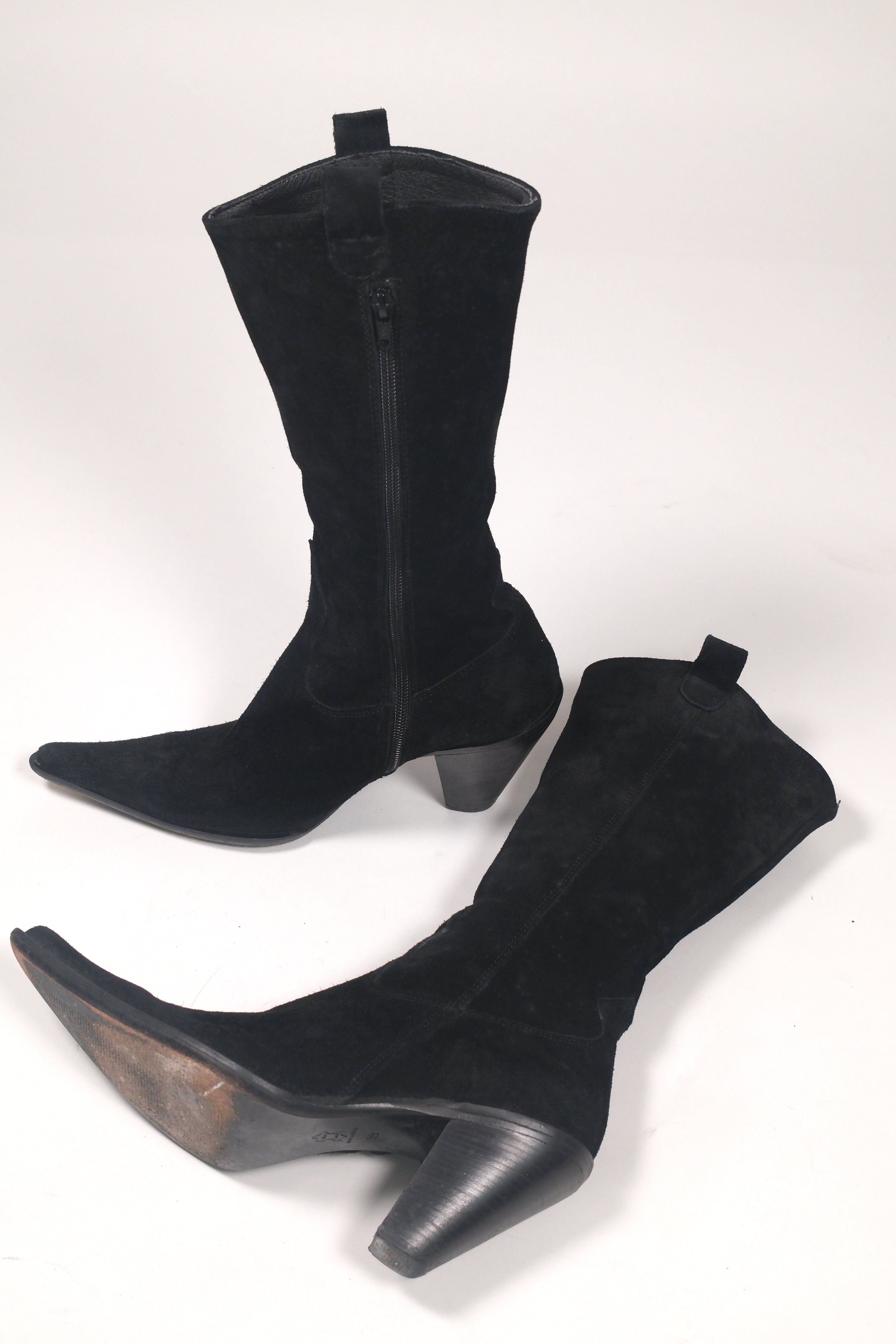 Italian Suede Black Pointed-Toe Boots Size 40