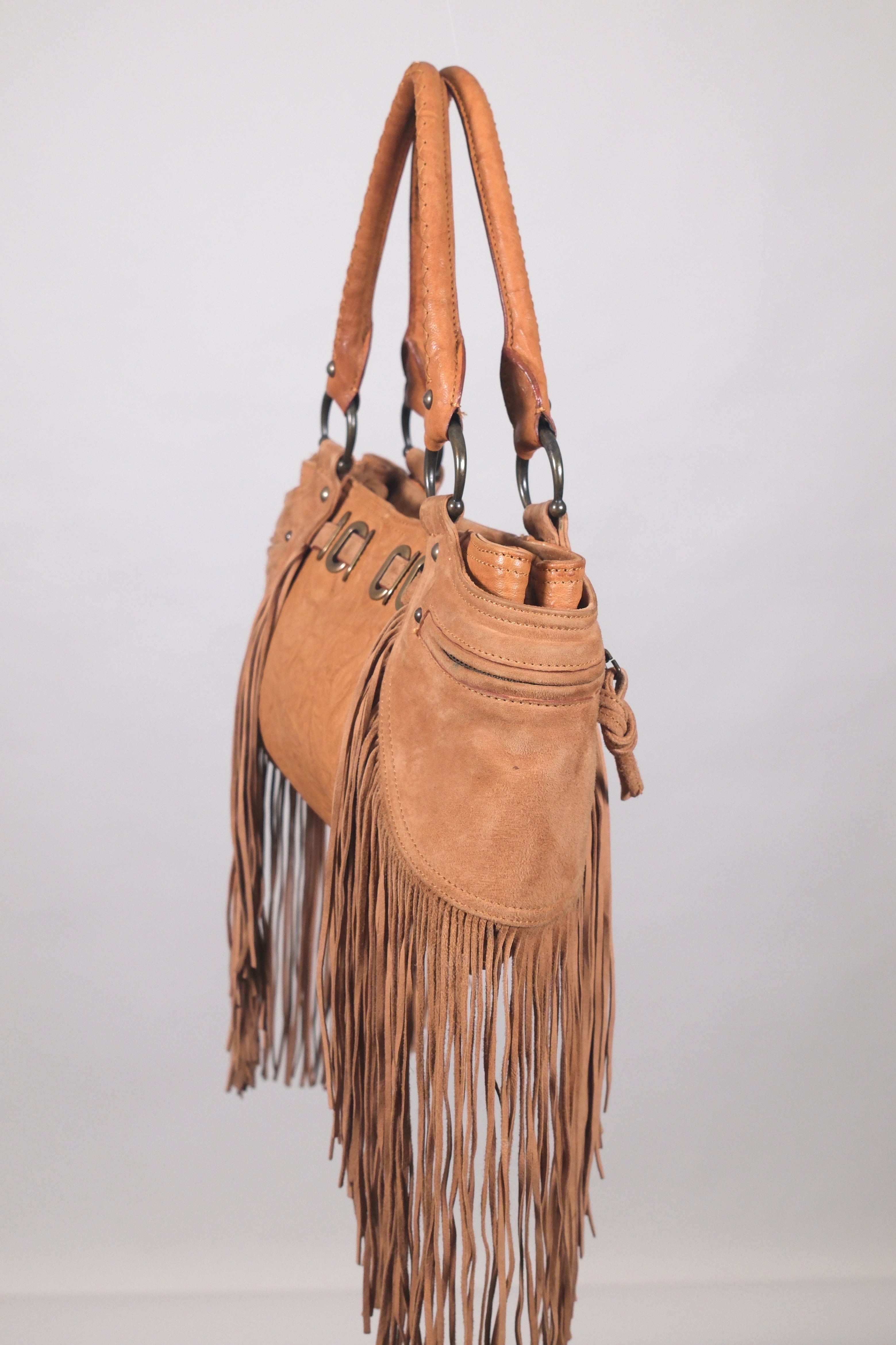 John Richmond Leather Brown Fringe Shoulder Bag