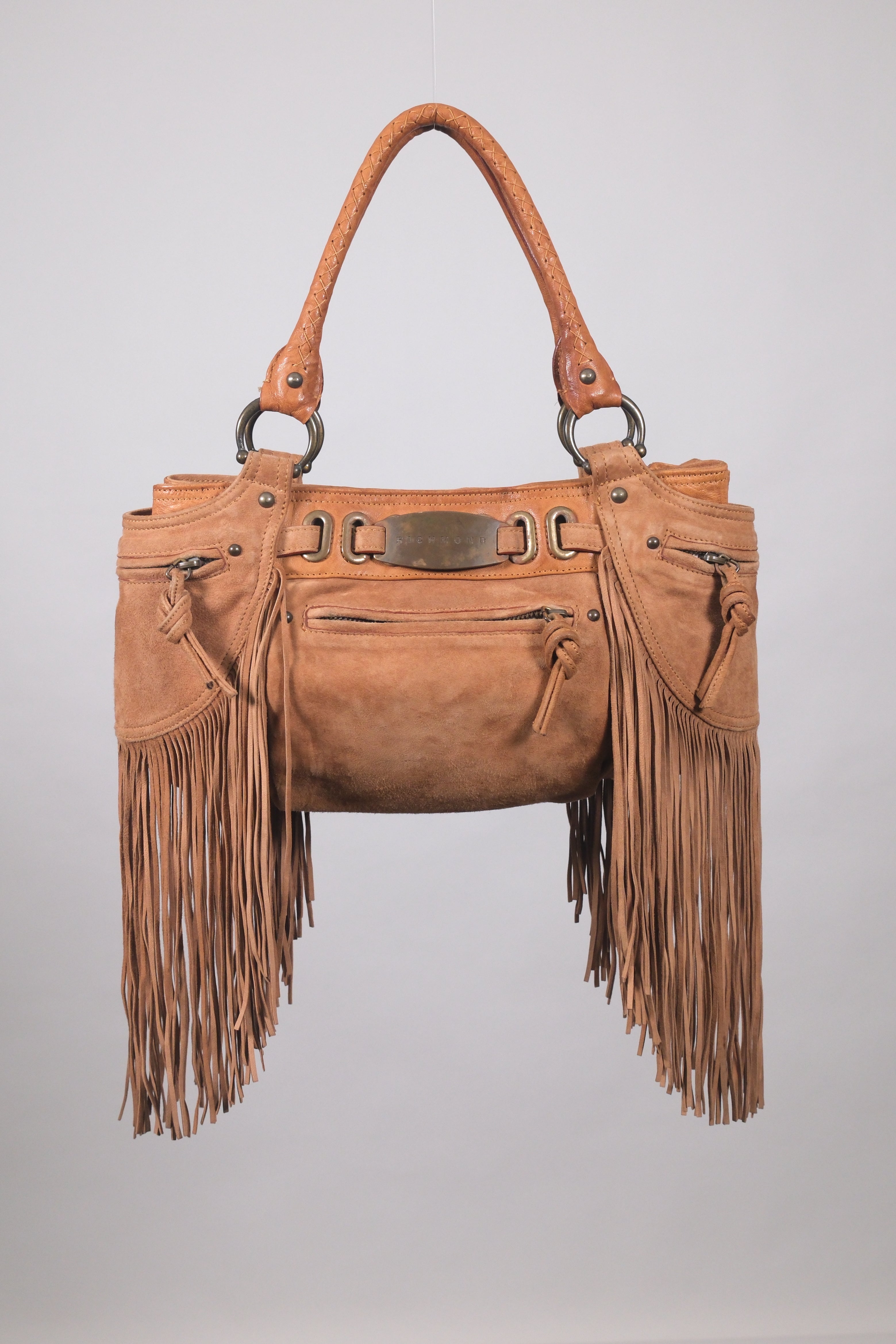 John Richmond Leather Brown Fringe Shoulder Bag