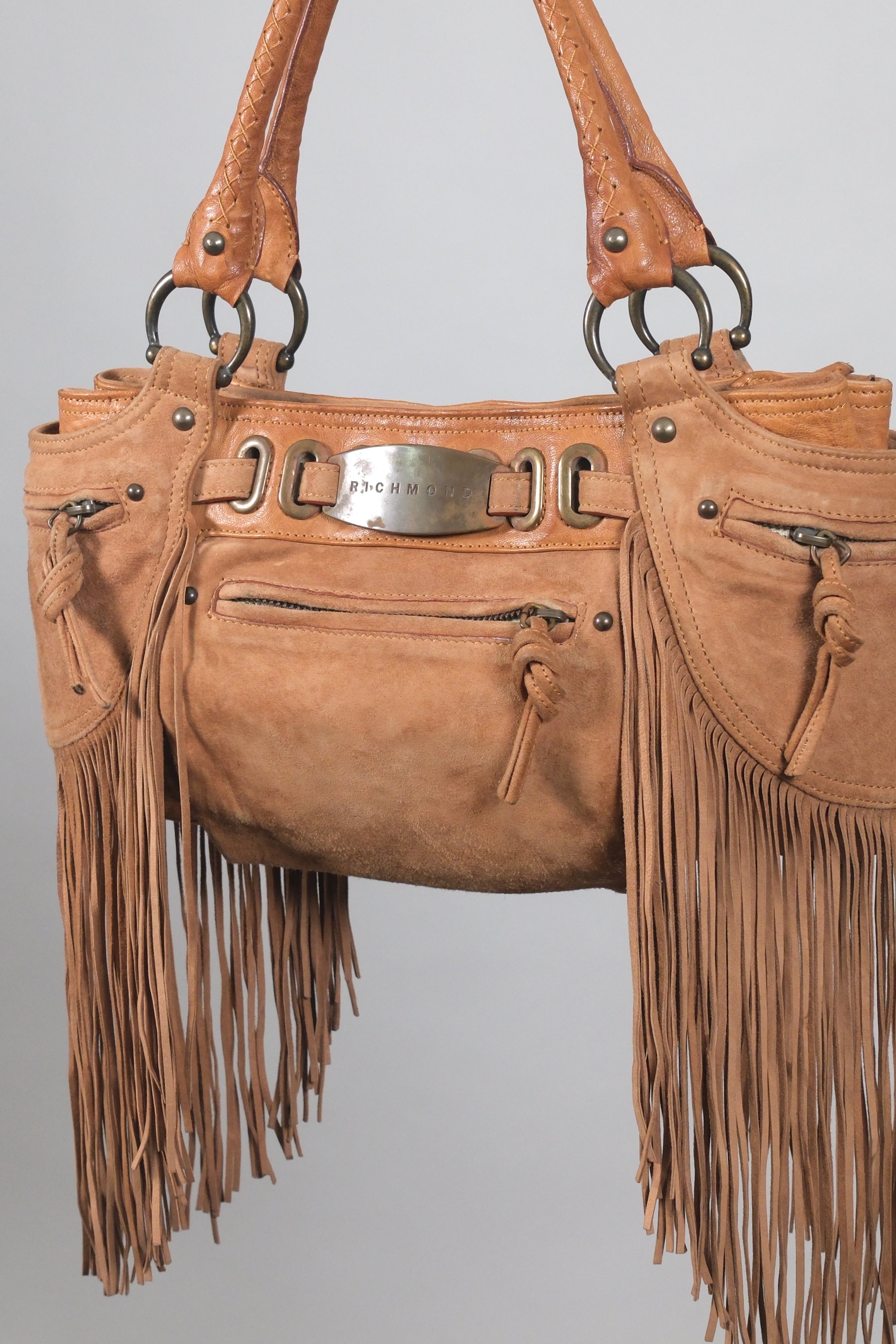John Richmond Leather Brown Fringe Shoulder Bag