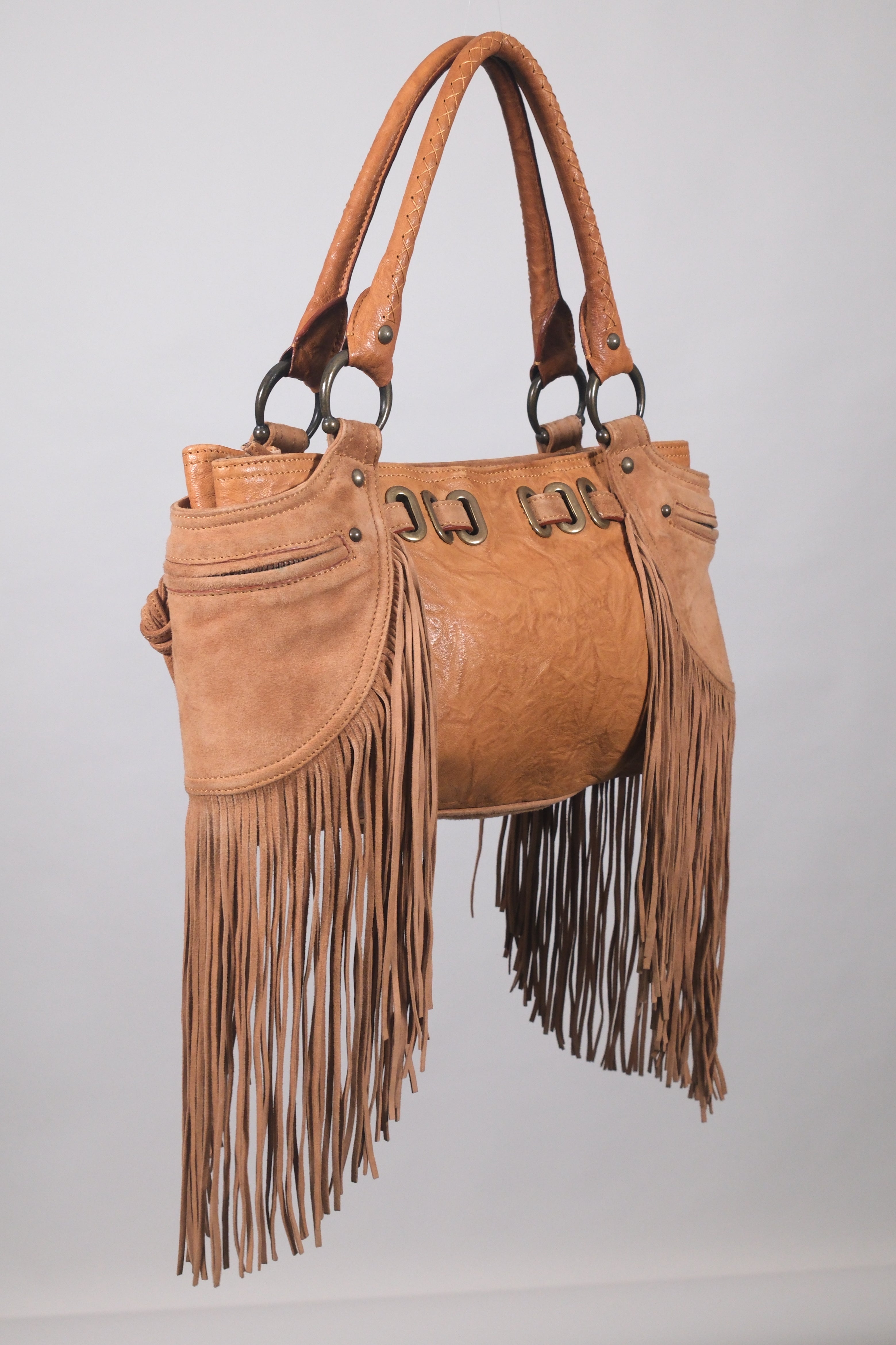 John Richmond Leather Brown Fringe Shoulder Bag