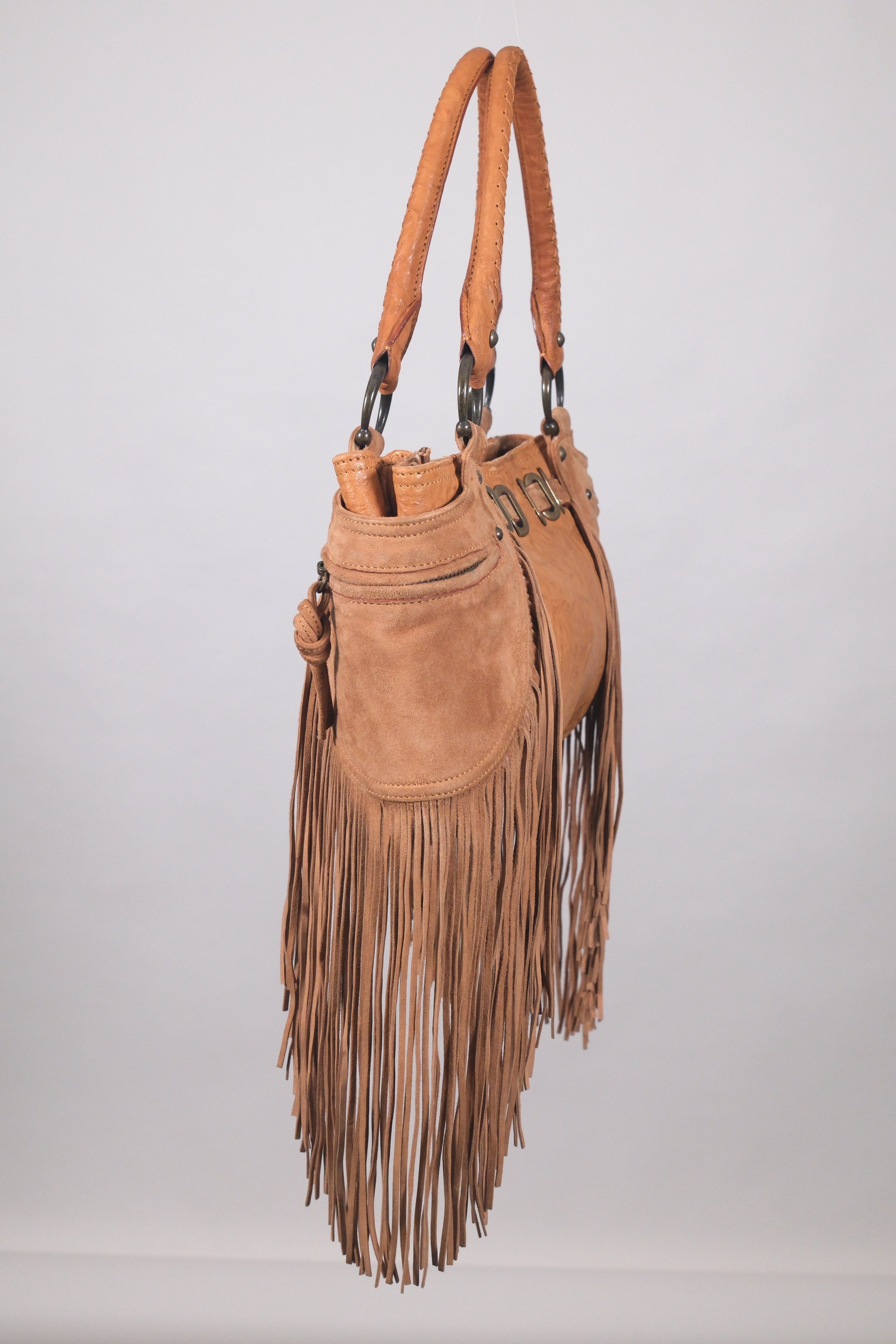 John Richmond Leather Brown Fringe Shoulder Bag