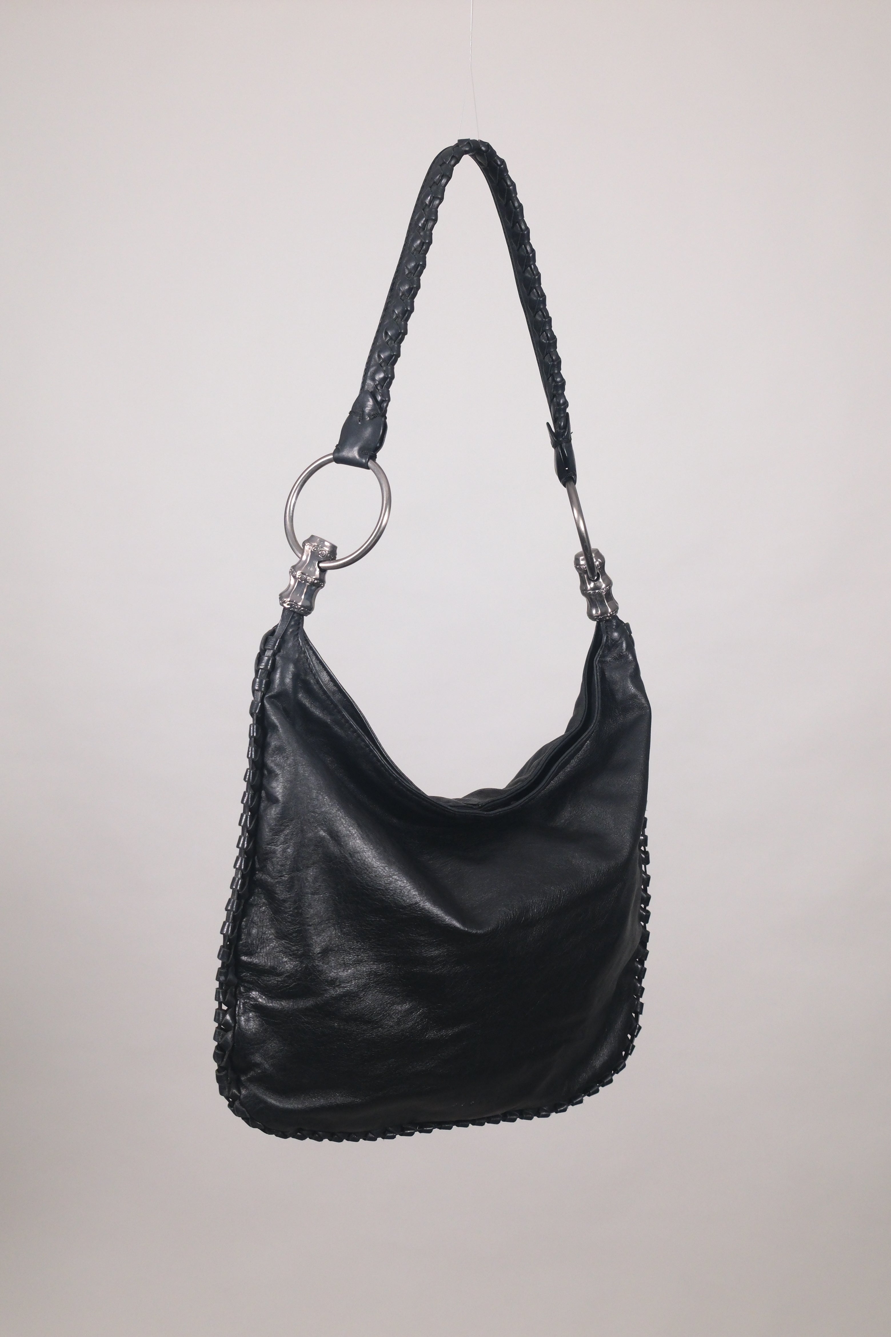 Sisley Black Leather Shoulder Bag with Silver Metal Buckle