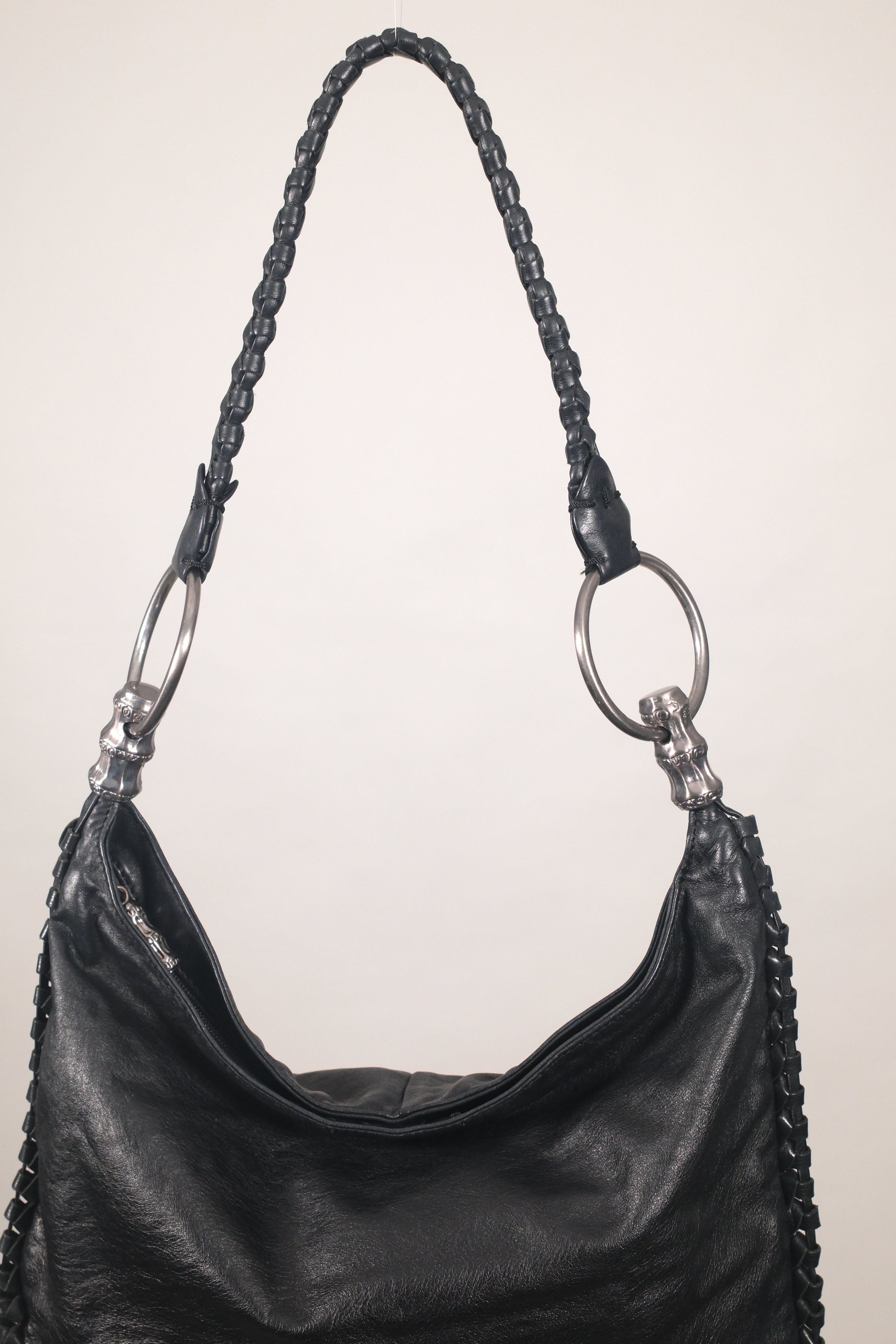 Sisley Black Leather Shoulder Bag with Silver Metal Buckle