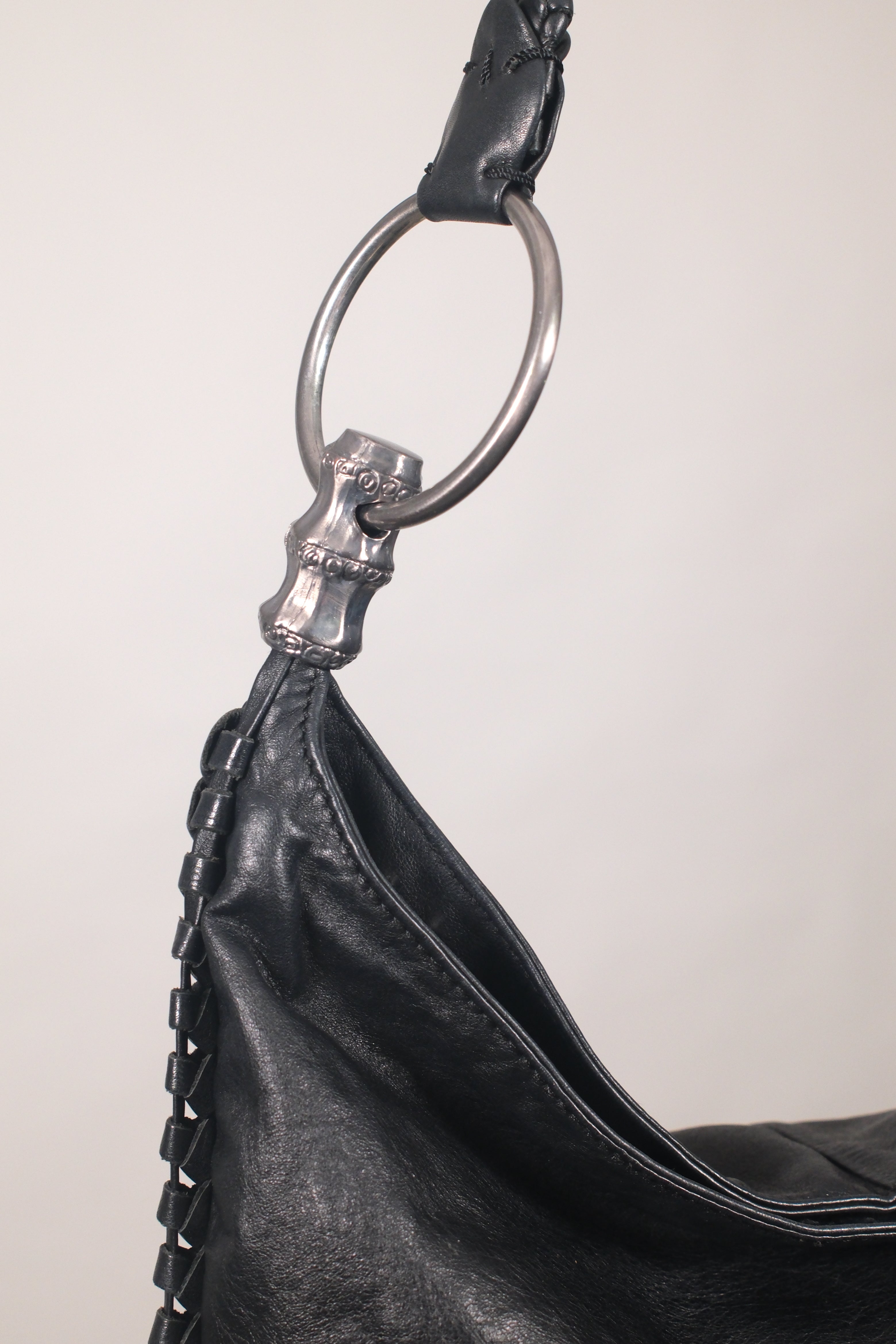 Sisley Black Leather Shoulder Bag with Silver Metal Buckle