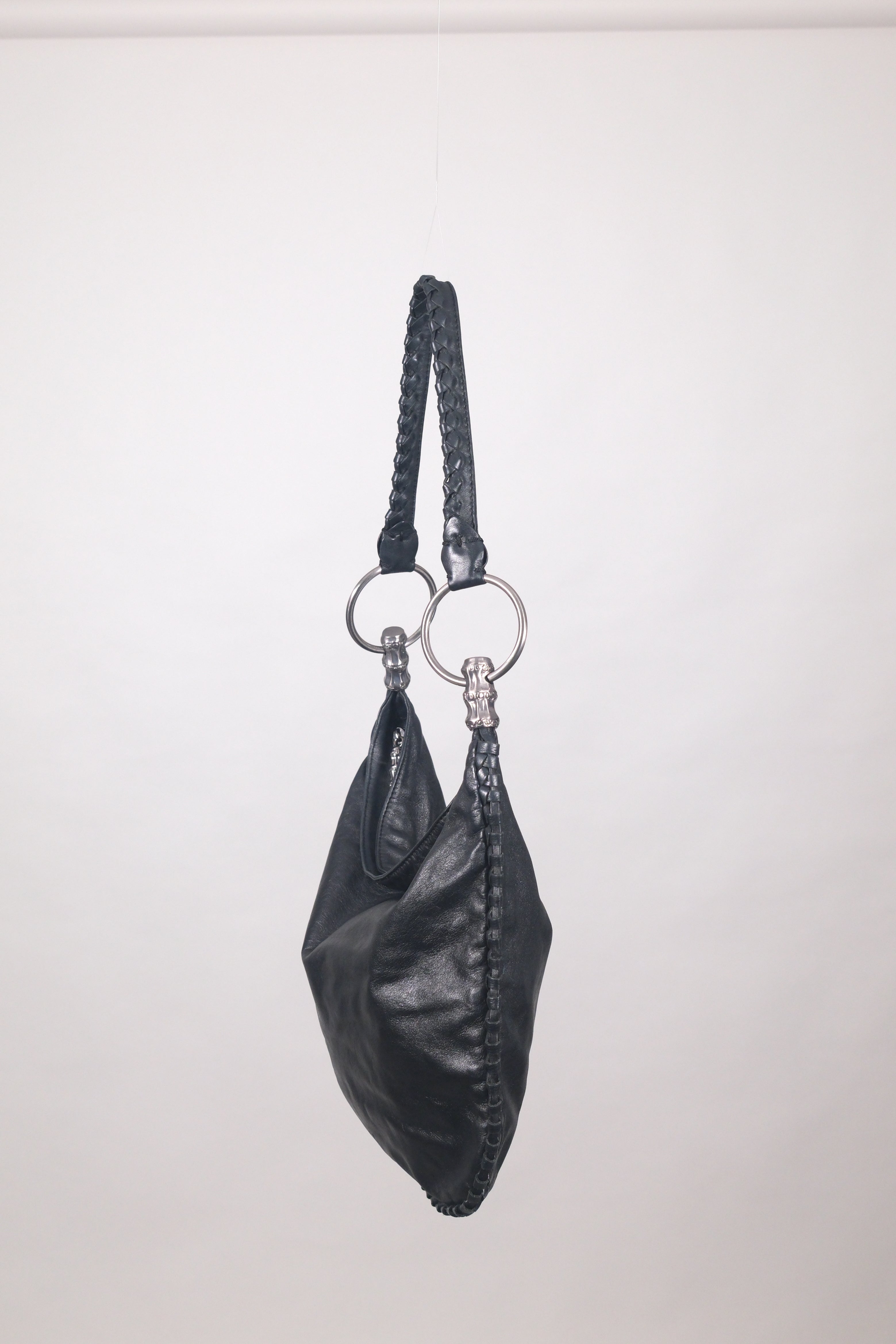 Sisley Black Leather Shoulder Bag with Silver Metal Buckle