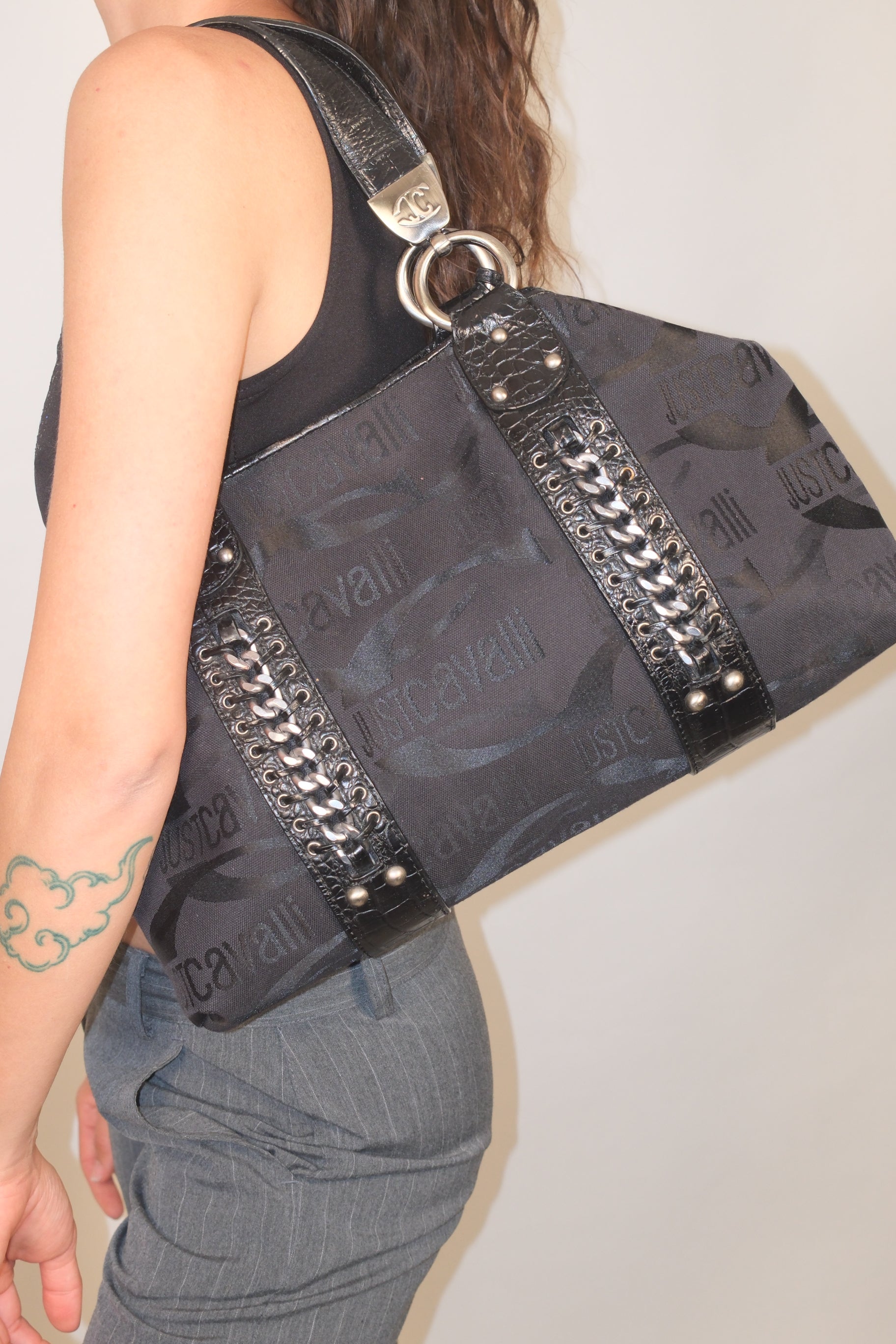 Roberto Cavalli Black Leather and Canvas Bag