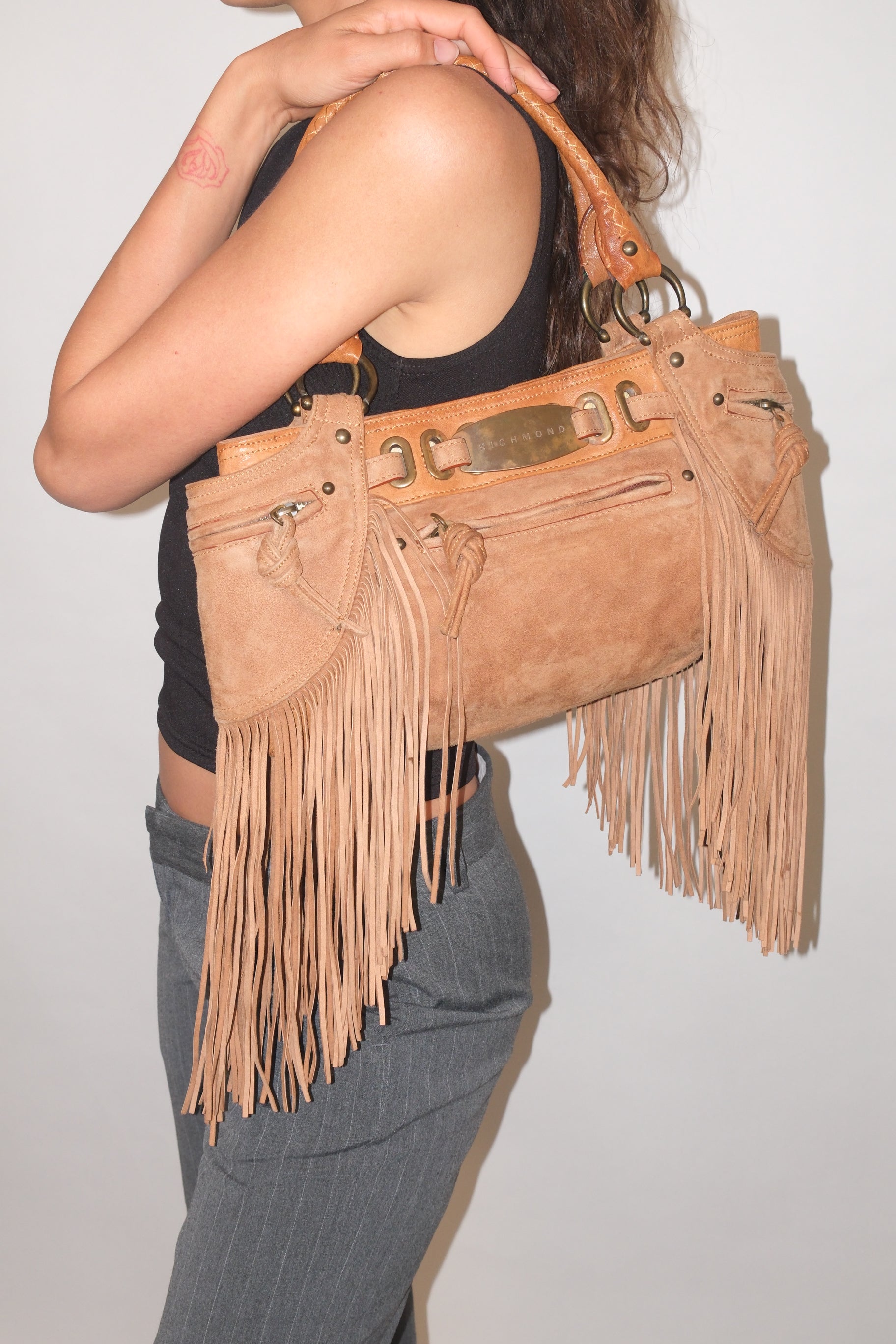 John Richmond Leather Brown Fringe Shoulder Bag