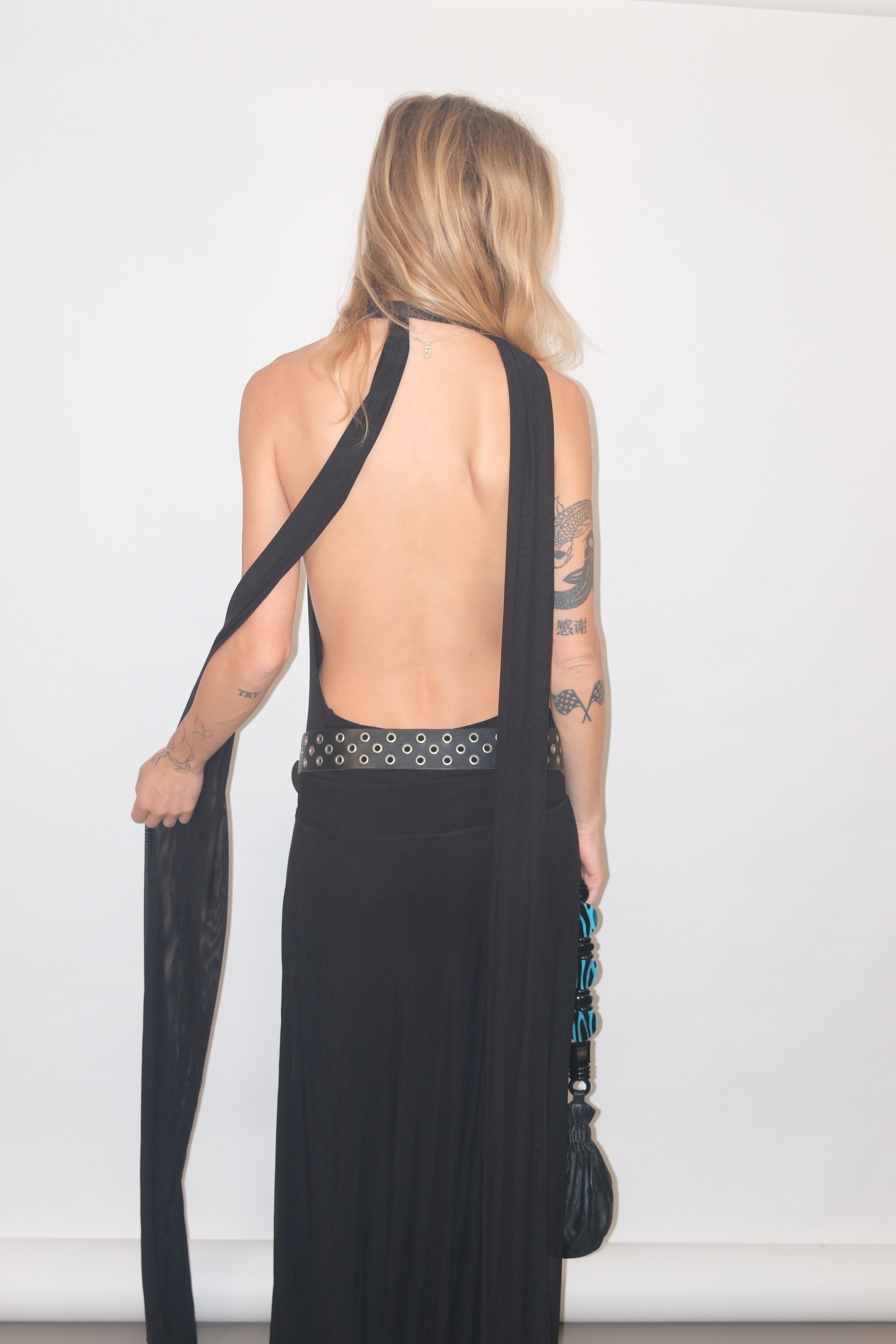 Black Deep V Halter Maxi Dress with Open Back