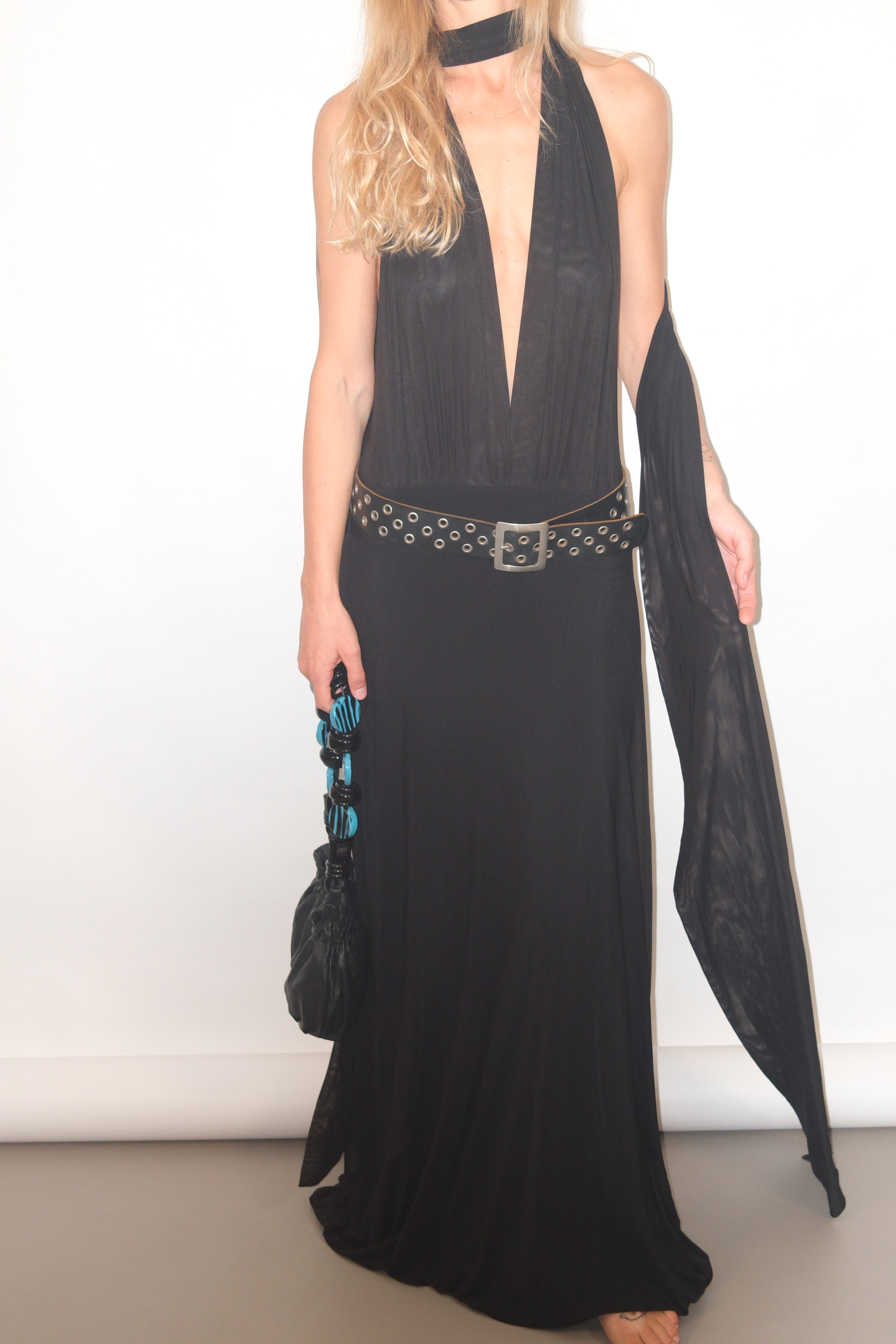 Black Deep V Halter Maxi Dress with Open Back